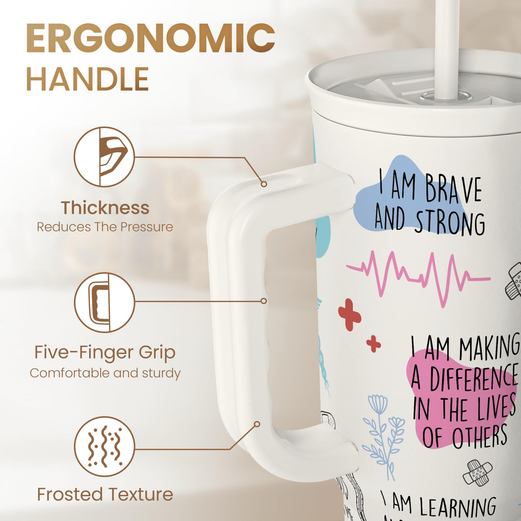 Nurse Tumbler with Handle 40oz, Coffee Travel Mug with Straw, Inspiration Gifts for Women Female Nurses, Nursing Gift for Birthday Christmas Nurse Week