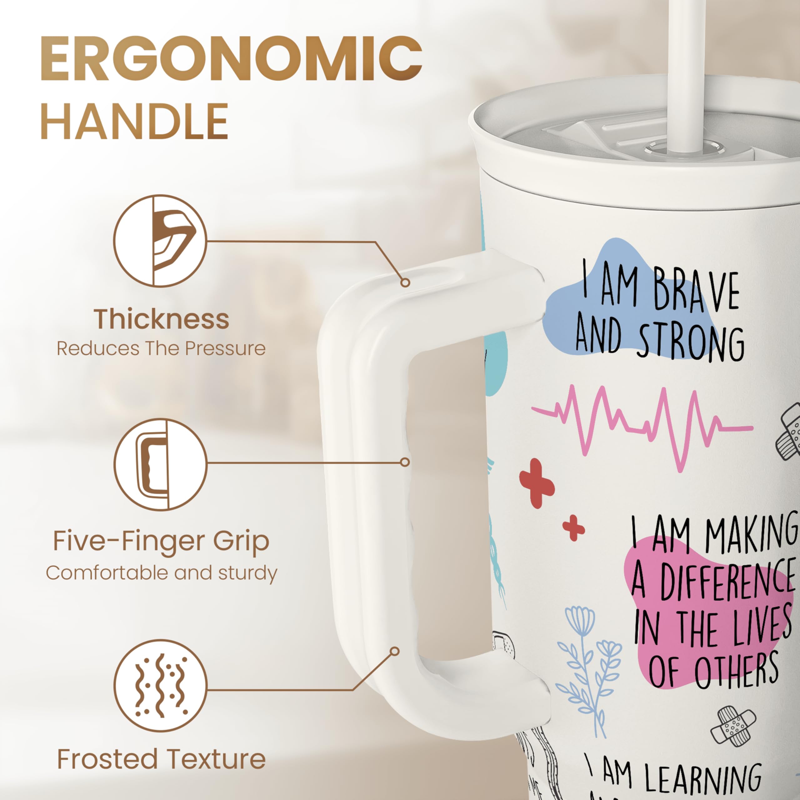 Nurse Tumbler with Handle 40oz, Coffee Travel Mug with Straw, Inspiration Gifts for Women Female Nurses, Nursing Gift for Birthday Christmas Nurse Week
