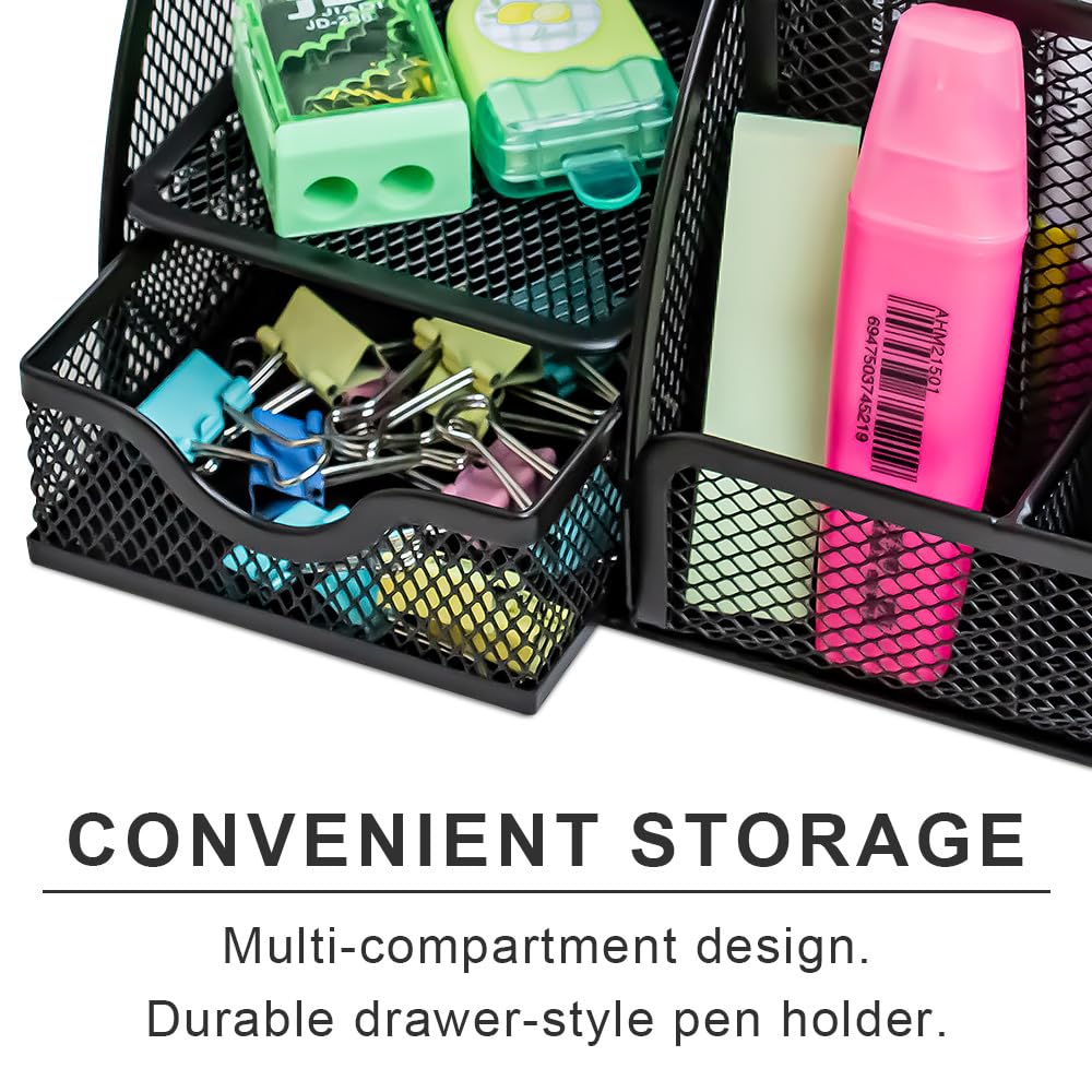 Desk Organizer with Drawer and Multi-Compartment Design for Office Supplies, Cosmetics, and Home Accessories-Steel Mesh