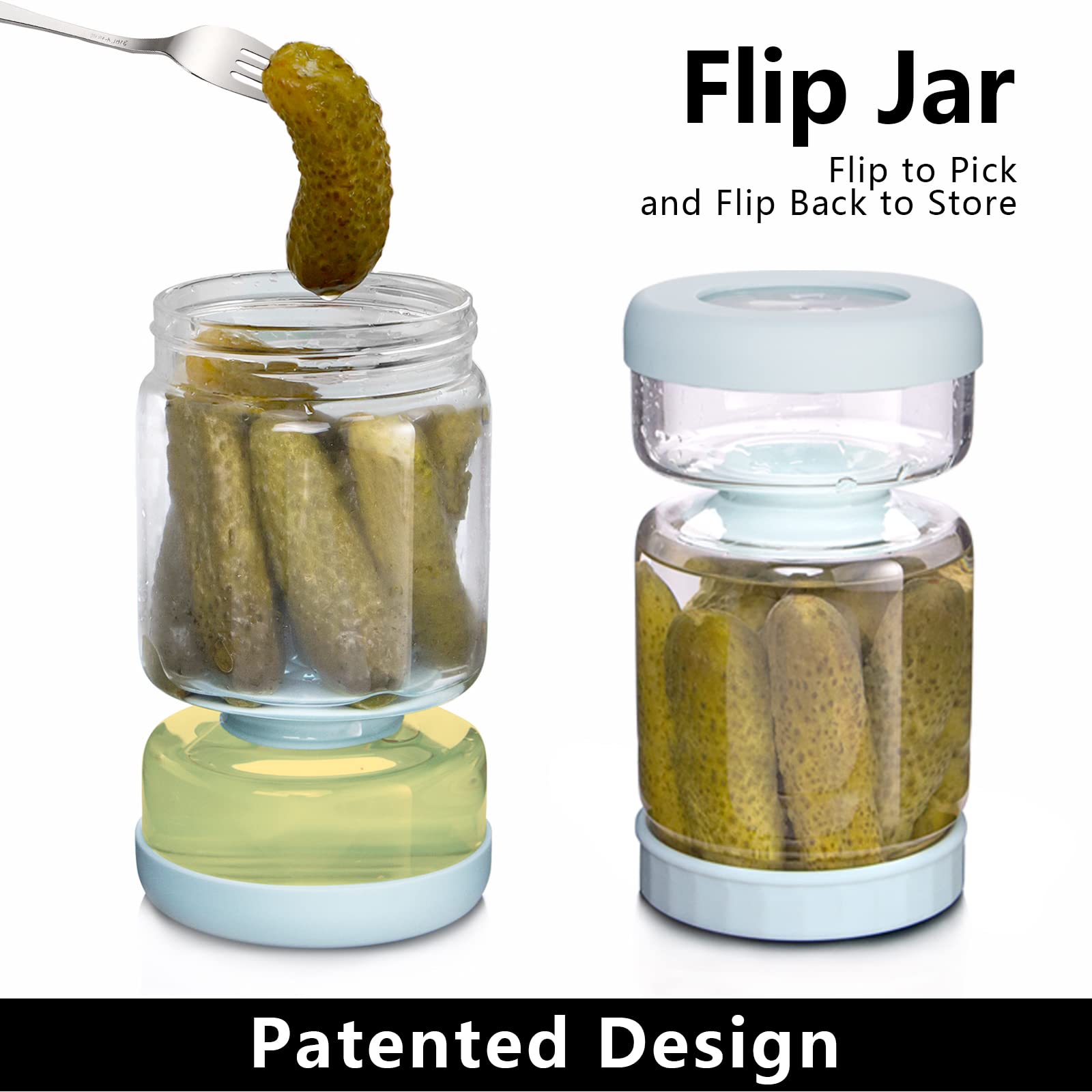 WhiteRhino Glass Pickle Container with Strainer,Olive Hourglass Jar,Pickle Jar Upside Down Kimchi for Jalapenos,Leakproof Airtight Lids and Refrigerator Dishwasher Safe (Blue/34oz)