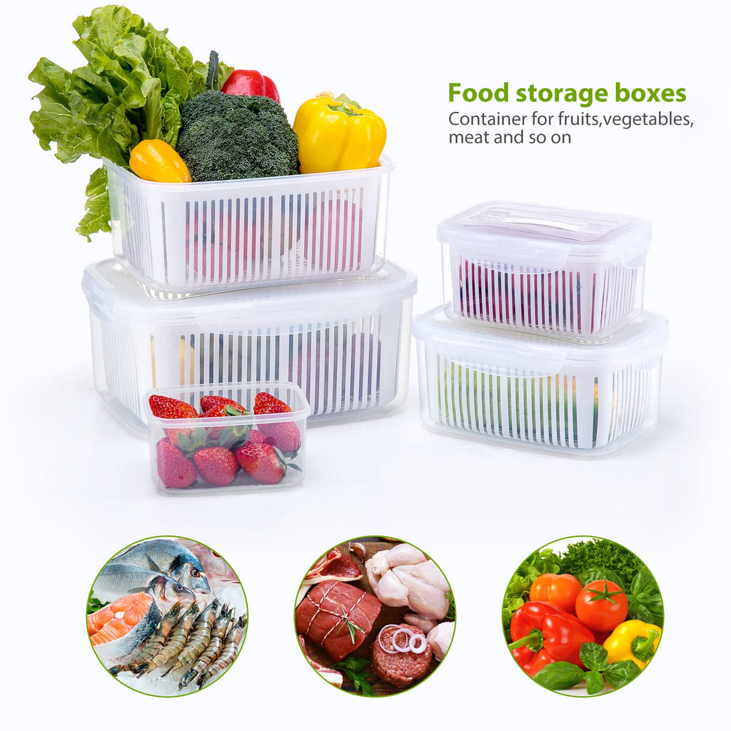 5Pack Fresh Food Storage Containers Fridge,Luxear Microwave Dishwasher Safe Produce Saver Box with Handle,Drain Baskets&Lid,BPA Free Fresh Keeper Refrigerator Organizer for Fruits,Vegetable,White