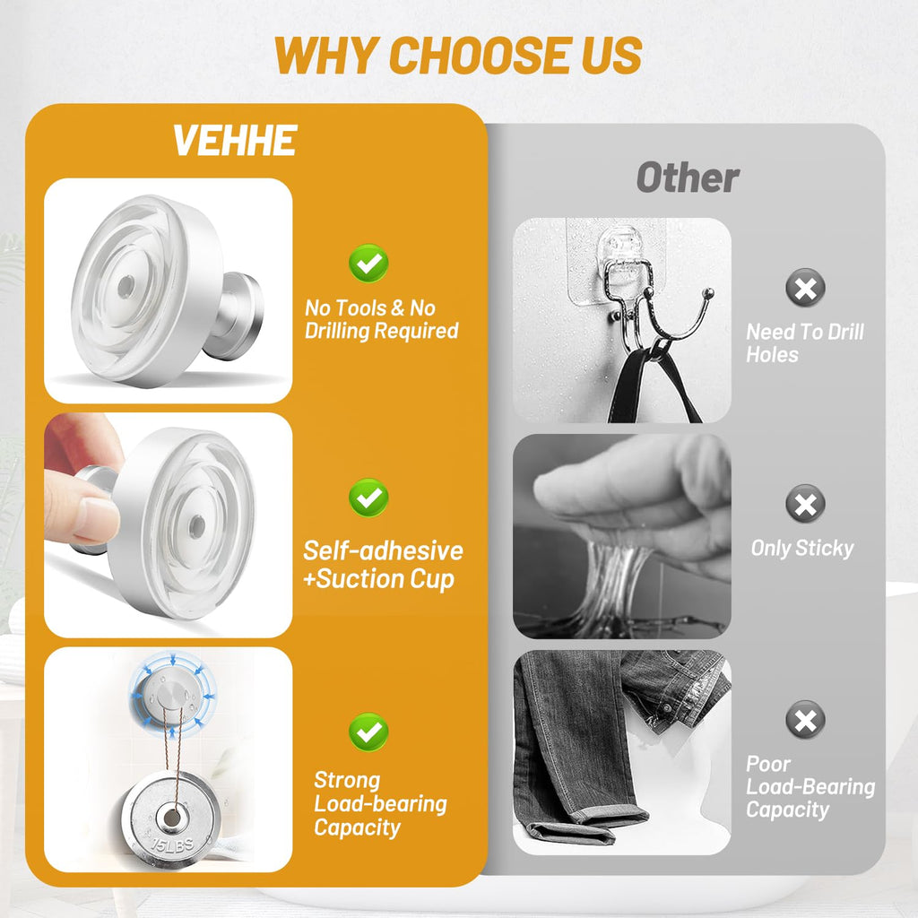VEHHE 4 Pack Self-Adhesive Suction Cup Hooks for Shower, Heavy Duty Reusable Shower Hooks for Inside Shower, No-Drill Shower Hooks Suction Cup for Bathroom, Bath Towel, Towel (Silver)