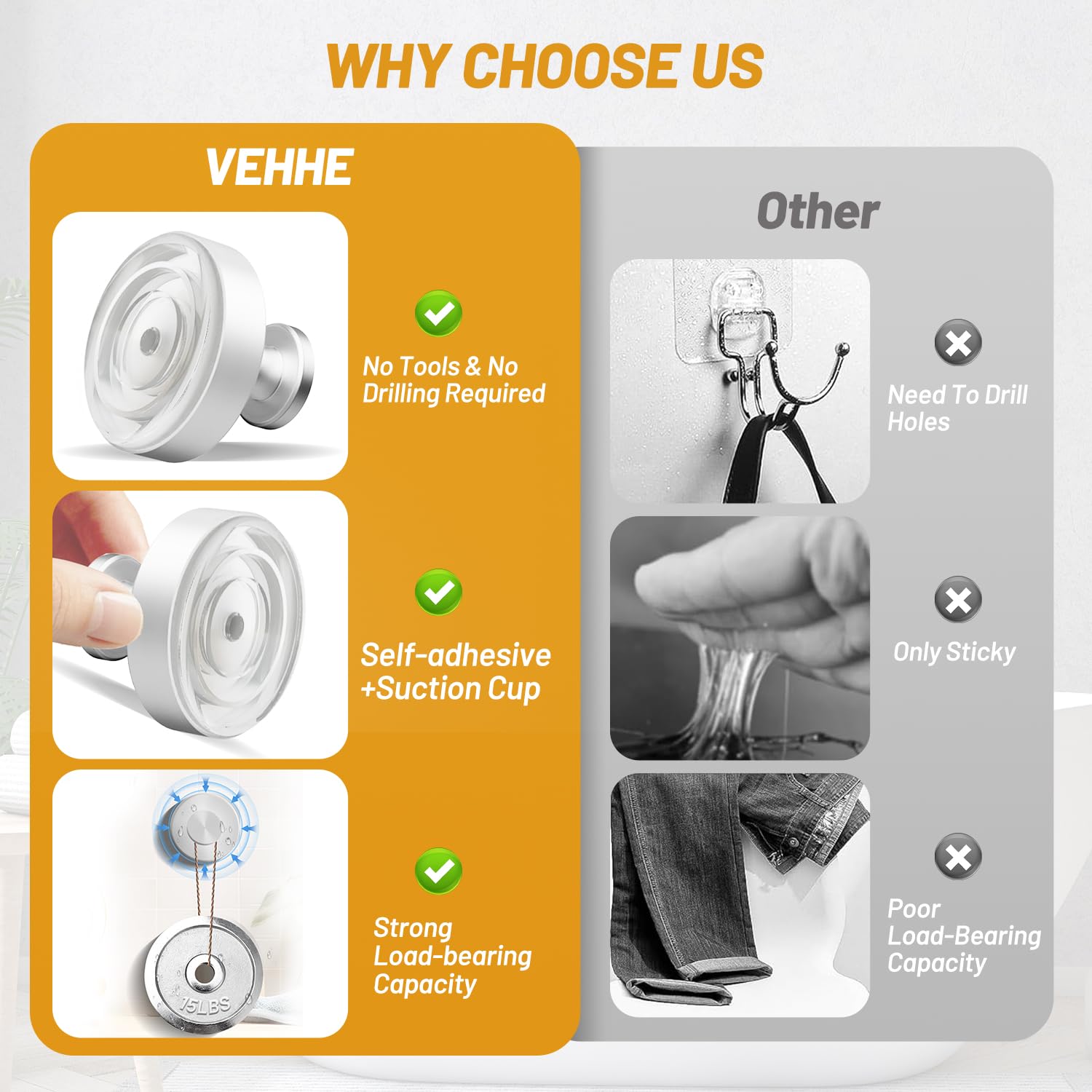 VEHHE 4 Pack Self-Adhesive Suction Cup Hooks for Shower, Heavy Duty Reusable Shower Hooks for Inside Shower, No-Drill Shower Hooks Suction Cup for Bathroom, Bath Towel, Towel (Silver)