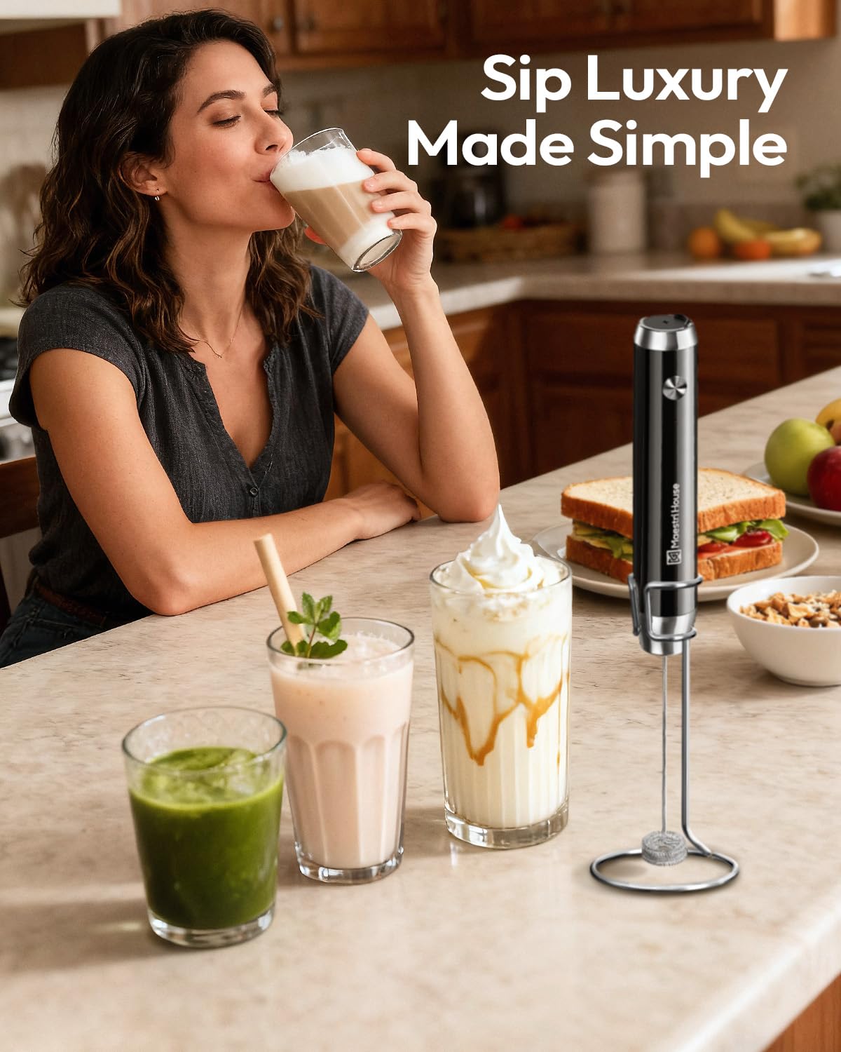 Maestri House Rechargeable Milk Frother, Handheld Electric Foam Maker Waterproof Detachable Stainless Steel Whisk Drink Mixer Foamer with Stand,LunaFro