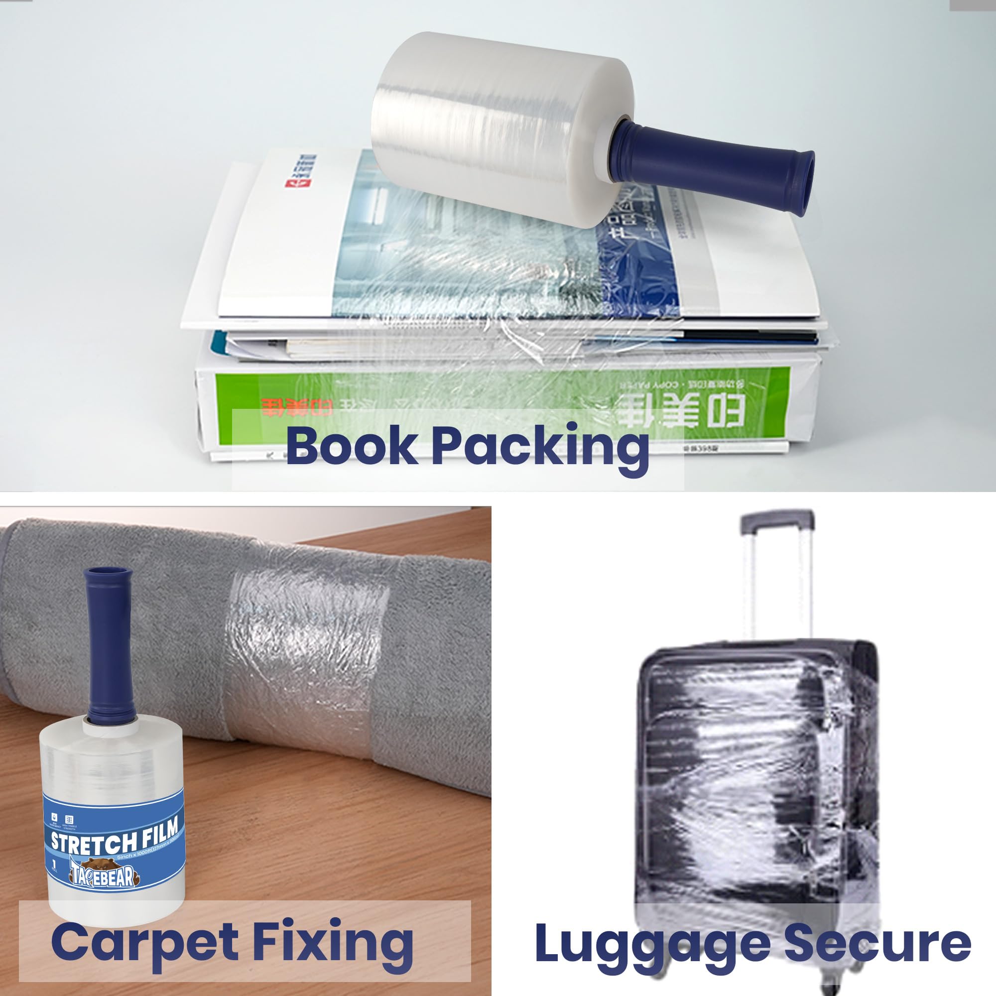 TAPEBEAR Mini Clear Stretch Wrap Film 80 Gauge 5" x 1000Ft, Shrink Wrap Roll with Handle, Durable Self-Adhering Clear Plastic Wrap Industrial Strength Pallet Shrink for Moving, Packing, 2-Pack