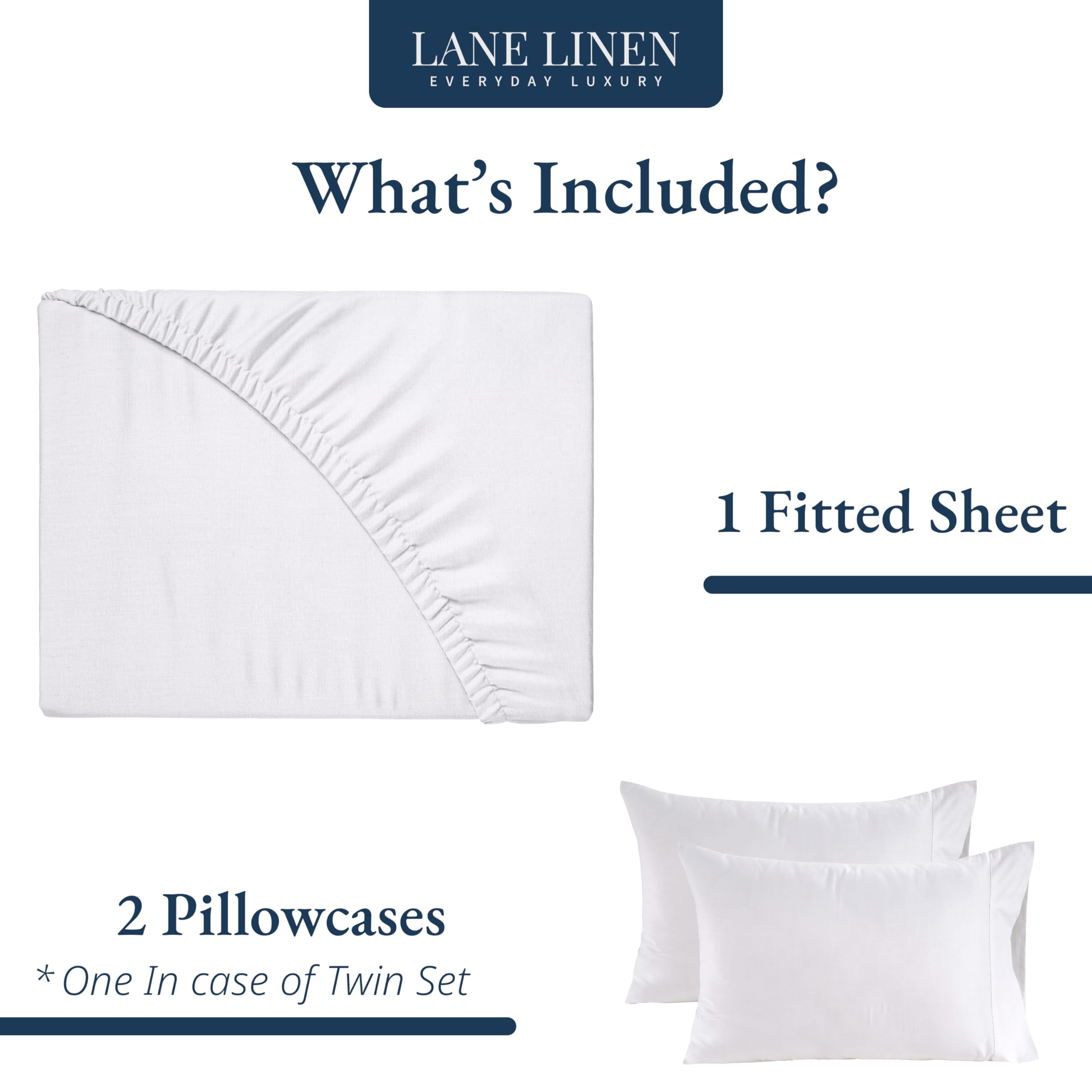 Lane Linen Double Fitted Sheet, 100% Organic Cotton, Percale, Soft and Breathable, 3-Piece Full Size Bottom Sheet with 2 Pillowcases, 15" Deep Pocket & All-Around Elastic - White