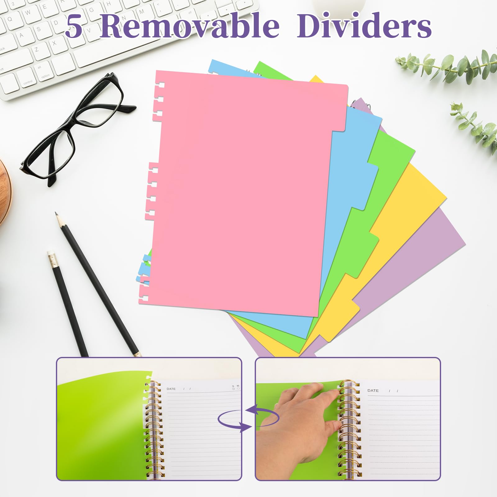 Lined Spiral Journal Notebook, 300 Numbered Pages A5 Size 5 Subject Notebooks College Ruled with Tabs and Removable Dividers, 100GSM Thick Spiral Ruled Lined Writing Journal, Hardcover Leather Notebook for Work, School (Purple)