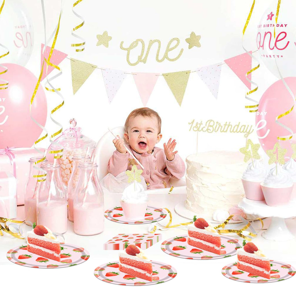QYCX 65 Pcs Strawberry Plates Napkins Strawberry Party Decorations Berry Party Supplies Tableware Fruit Dinnerware for Berry 1st Birthday Decorations Fruit Party Decorations