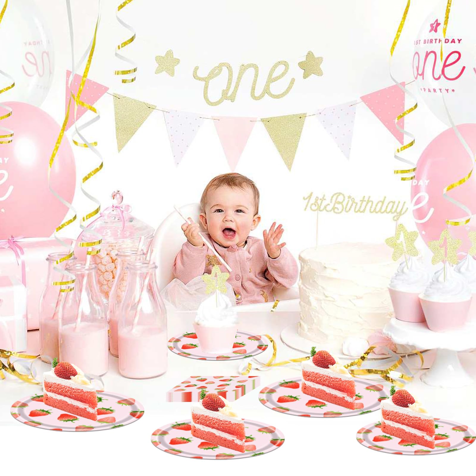 QYCX 65 Pcs Strawberry Plates Napkins Strawberry Party Decorations Berry Party Supplies Tableware Fruit Dinnerware for Berry 1st Birthday Decorations Fruit Party Decorations