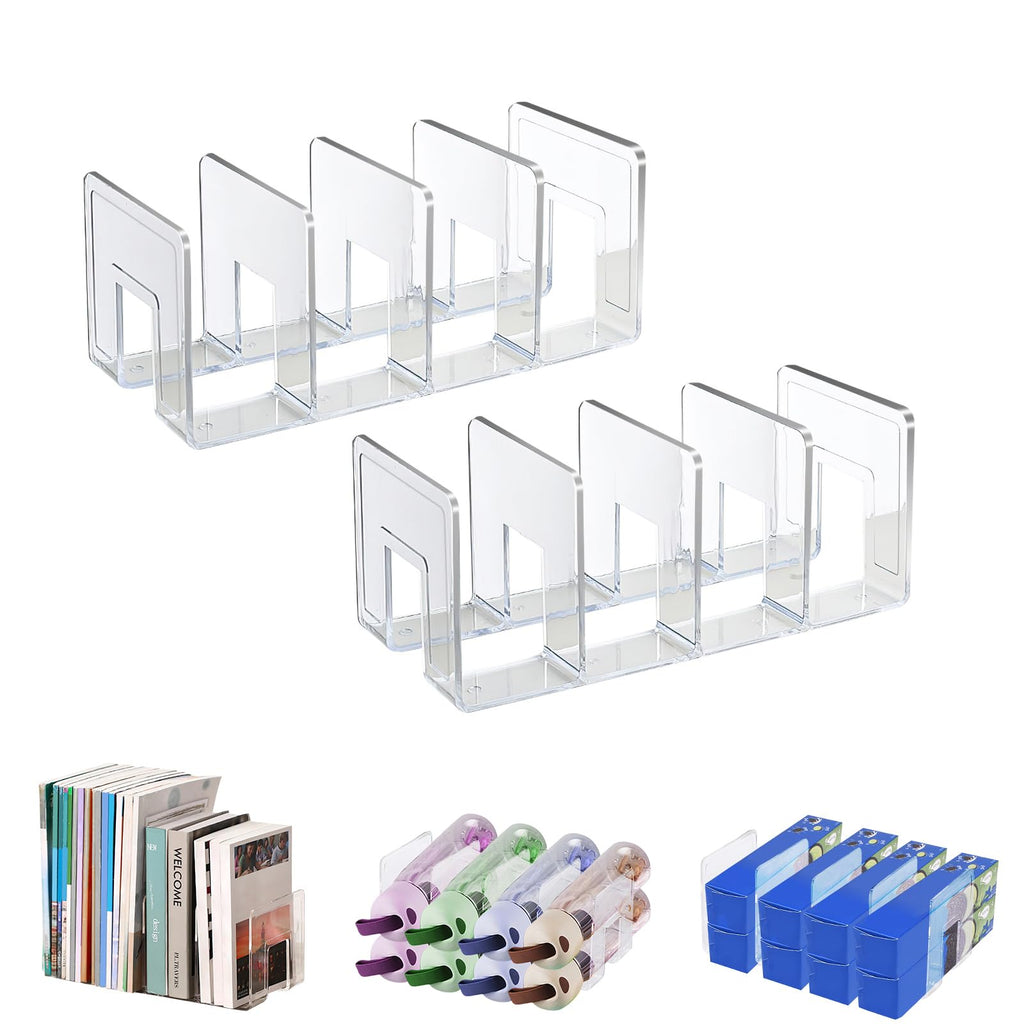 Marte Vanci Clear Acrylic File Sorter, Sturdy Desk File Organiser Shelf Book Holder Purse Handbag Clutch Dividers File Folder Rack for Letter Cookbooks Home Office Kitchen Supplies 4 Sections (2 Pcs)