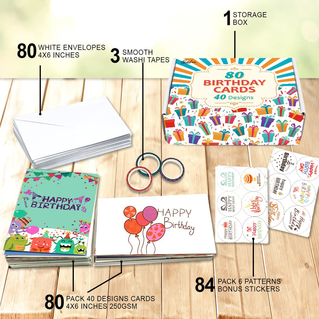 feela Birthday Cards, 80 Pack 40 Designs Happy Birthday Card Assorted Bulk with 80 Blank Envelopes 84 Pieces of Stickers 3 Washi Tapes, 4 X 6 Inches Greeting Cards (40 Pack X2)