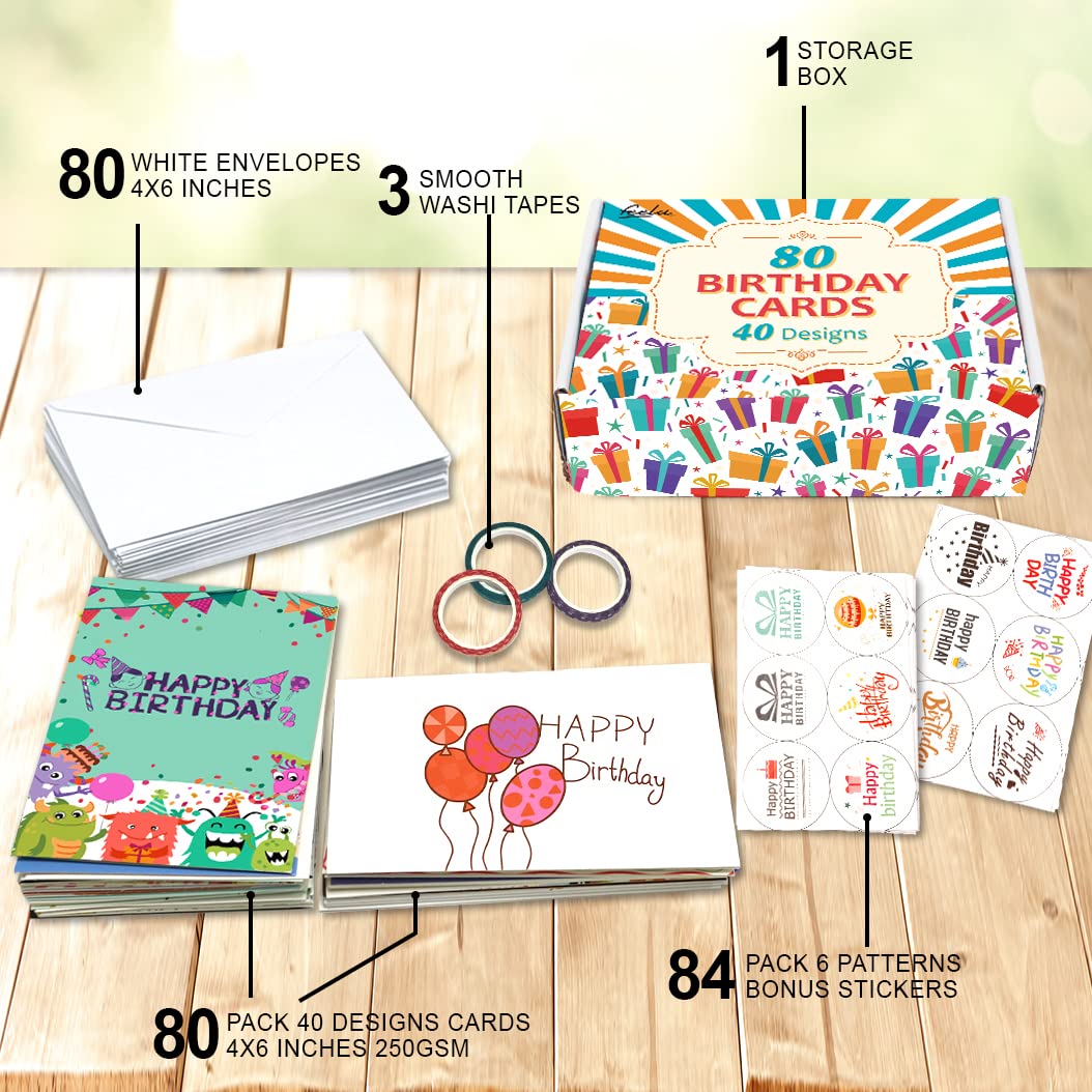 feela Birthday Cards, 80 Pack 40 Designs Happy Birthday Card Assorted Bulk with 80 Blank Envelopes 84 Pieces of Stickers 3 Washi Tapes, 4 X 6 Inches Greeting Cards (40 Pack X2)