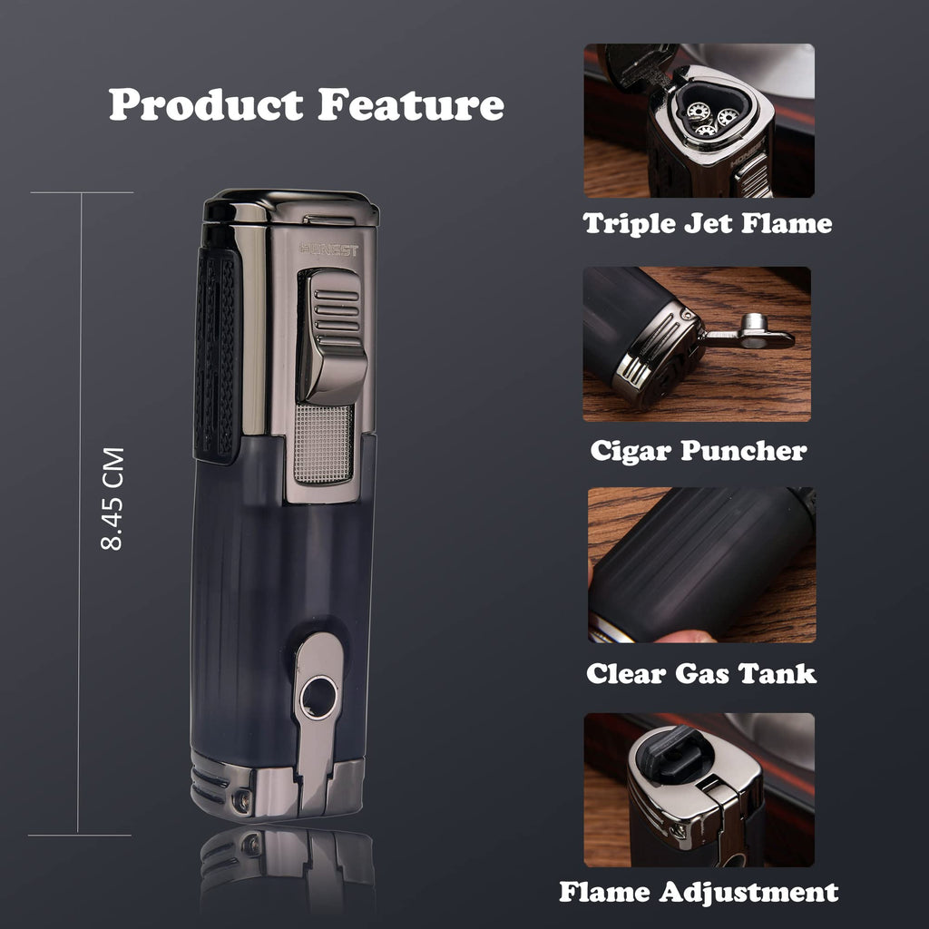Honest Torch Lighter Triple 3 Jet Flame Gas Butane Refillable Turbo Lighter with Ciagr Punch and Butane Window (Grey-C)