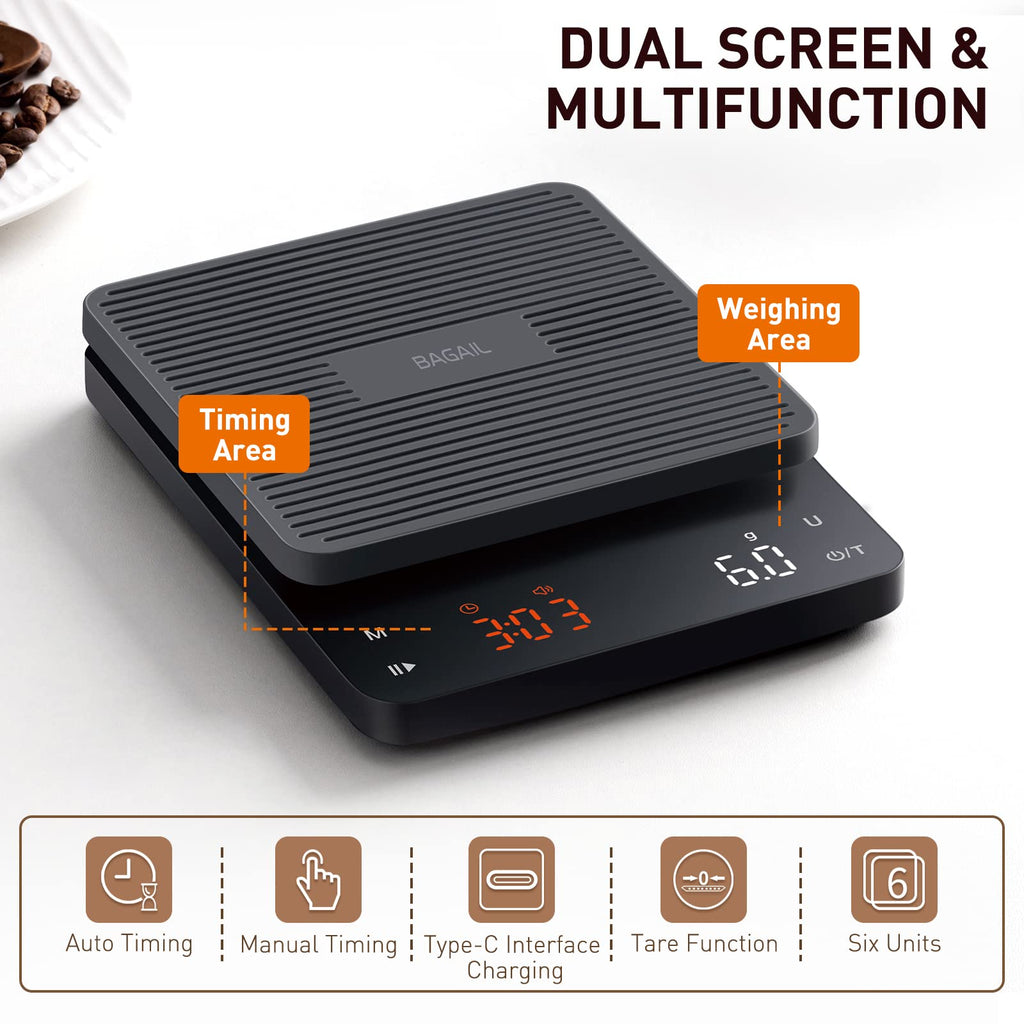 BAGAIL BASICS Kitchen Scale with Timer, 0.1g High Precision Coffee Scale, Drip Espresso Scale with Auto Tare, Touch Sensor and Silicone Cover - 6.6 lbs/3 kg