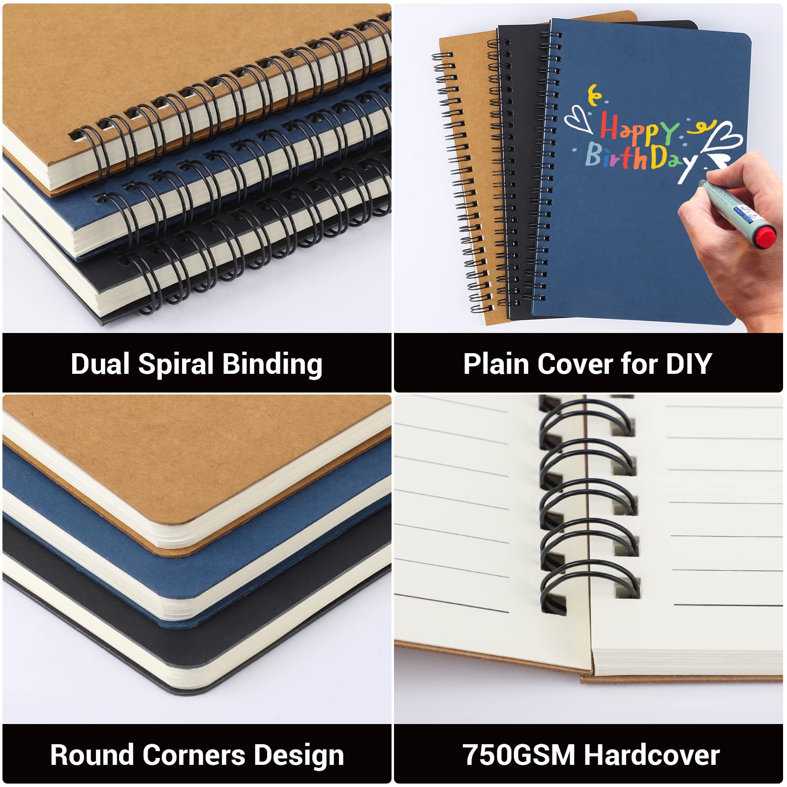 EUSOAR Students Ruled Spiral Notebook Hardcover, A5 3 packs 5.5x8.3" 120 Pages Lined Travel Writing Notebooks Journal, Memo Notepad Sketchbook, Students Office Business Diary Ruled Books-3Colors