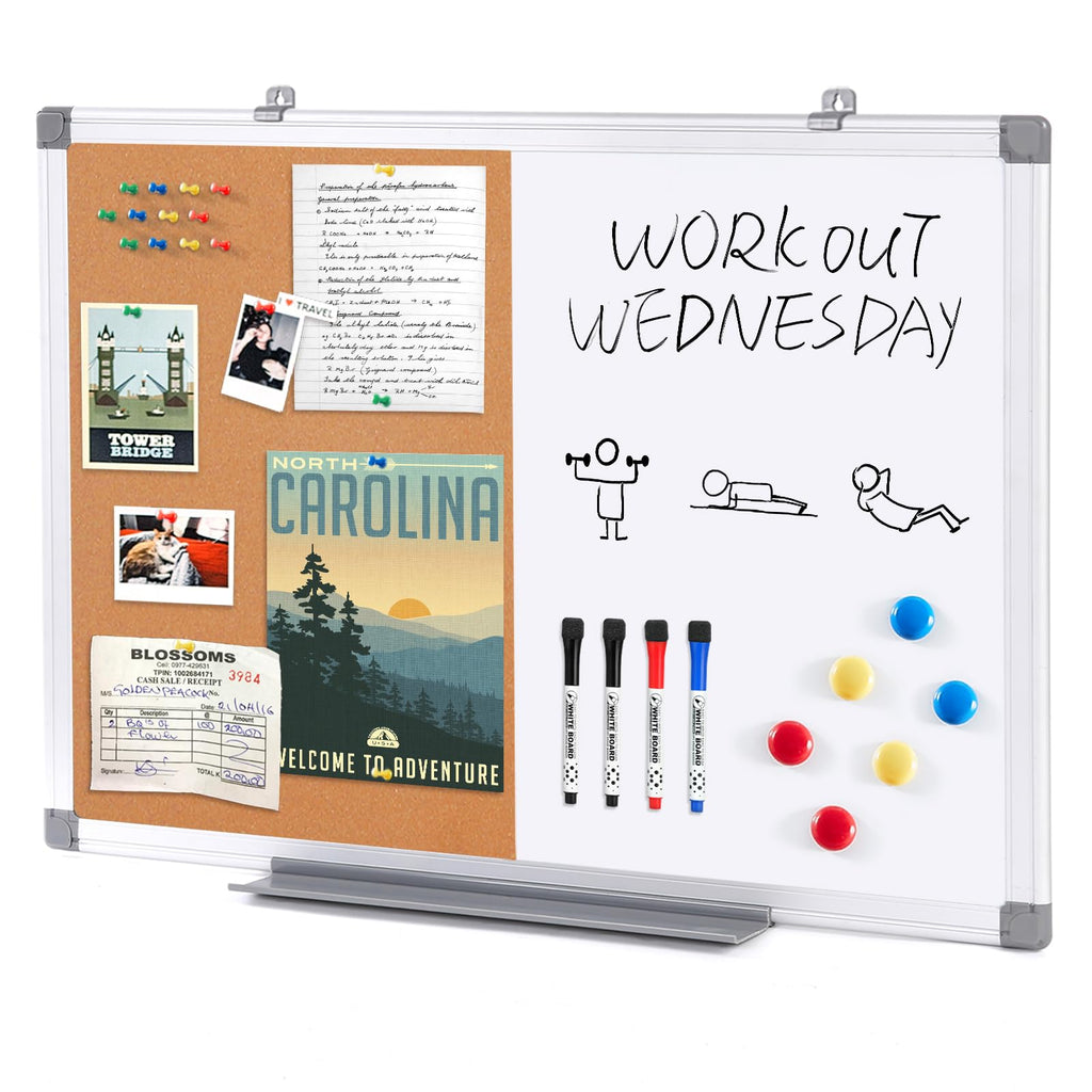 Cork Board and Dry Erase Board Combo Bulletin Board Combination Magnetic WhiteBoard Pin Notice Board for Home Office School with 4 Dry Erase Maker+6 Magnets+12 Pushpins, 24x18inches