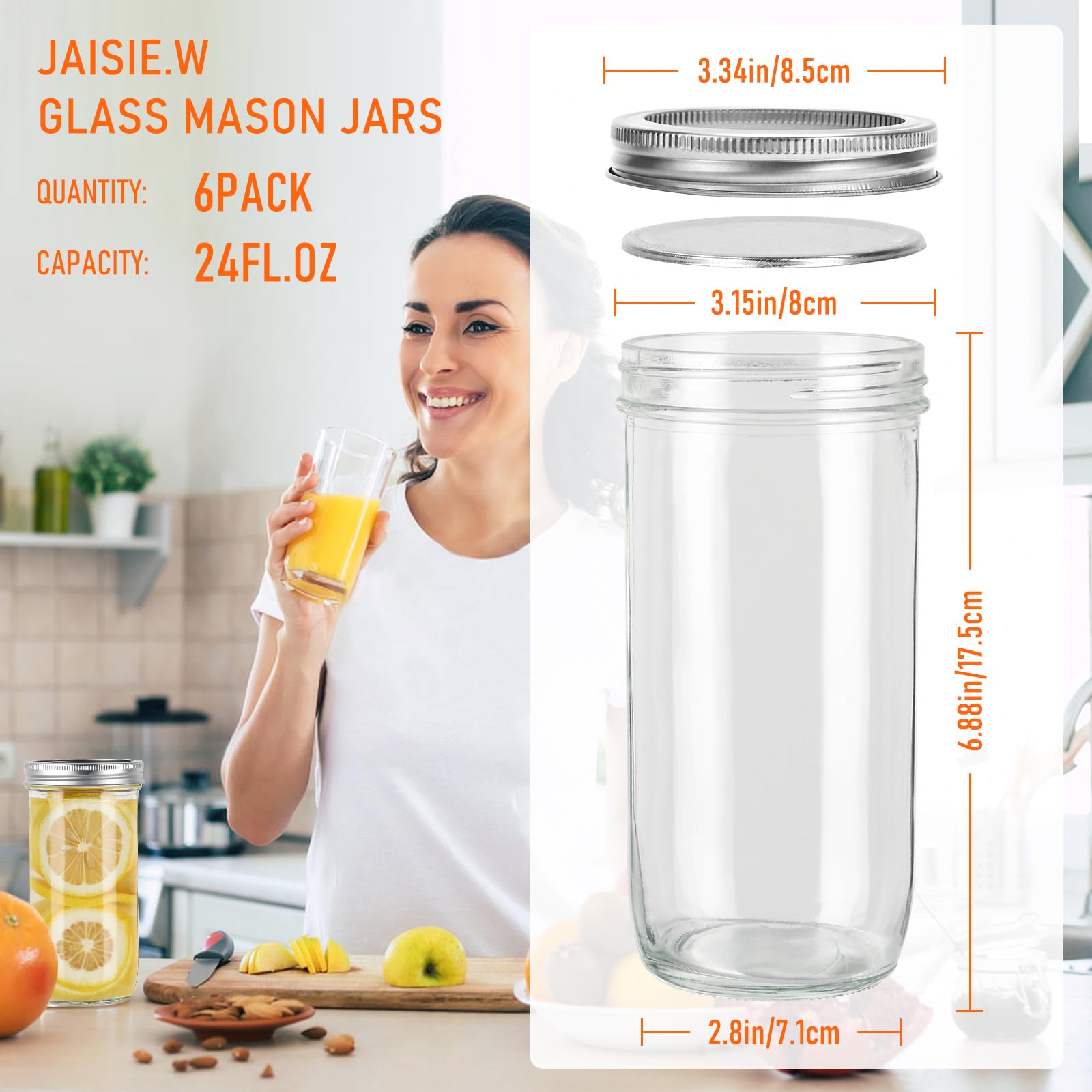 24 oz Wide Mouth Mason Jars 6 Pack, Glass Canning Jars with Airtight Lids, Leakproof Reusable Storage Containers for Pickling, Jam, Honey, Sauces, DIY Projects, Great Value Set with Secure Packaging