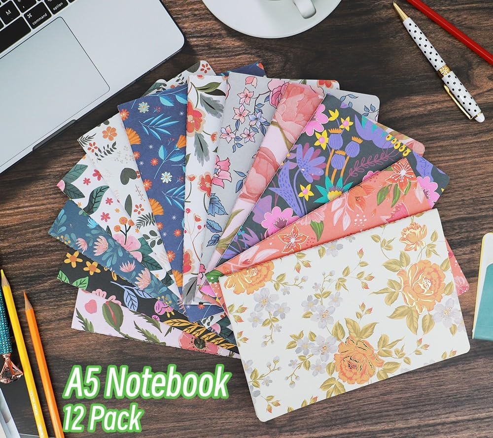 Pack of Journals for Writing A5 Travelers Notebook Bulk Set - 12 Pack with 60 Lined Pages, 30 Sheets, and Embossed Cover in Floral Bliss Pattern (5.75 x 8.35 Inches)