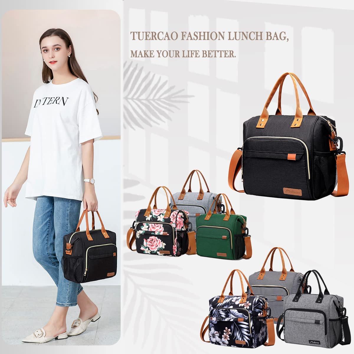TuErcao Lunch Bags for Women- Boite a Lunch Reusable Adult Sac a Lunch, Black