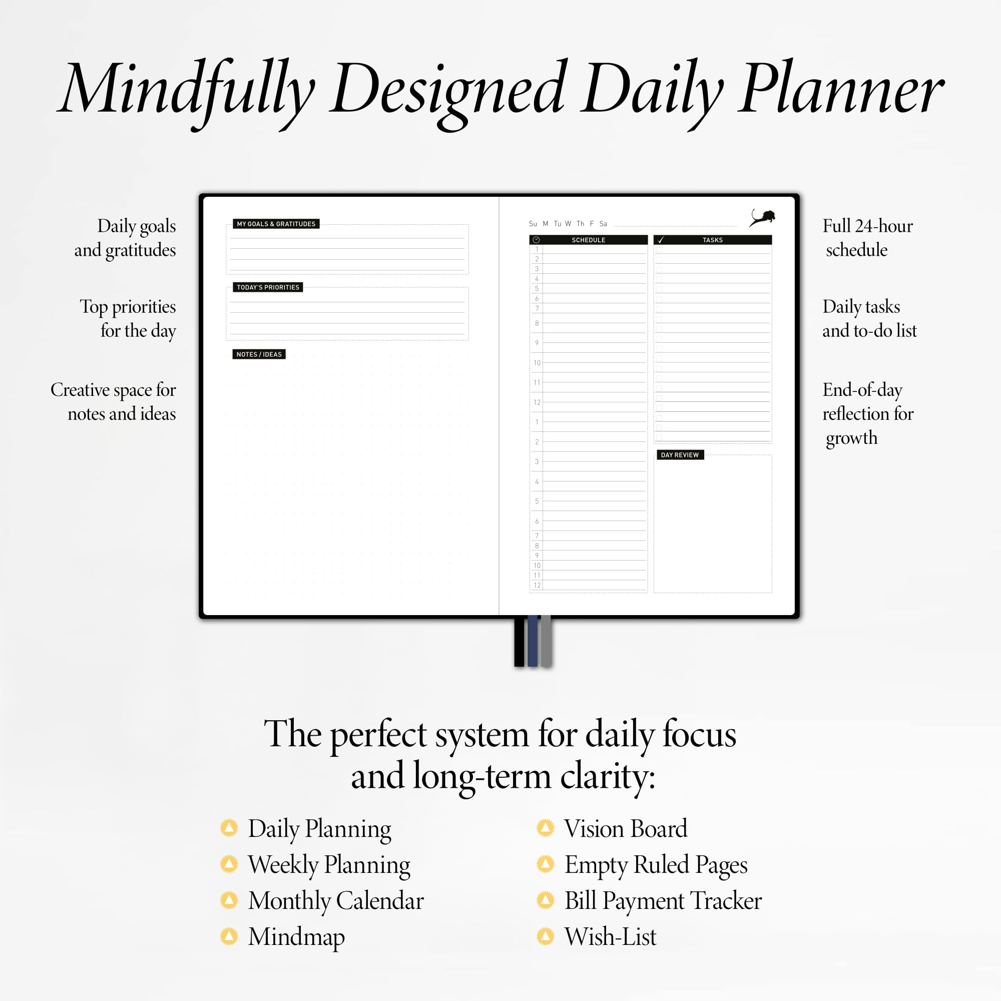 Daily Planner, Calendar & Gratitude Journal to Improve Time-Management, Productivity & Happiness | Vegan Leather Hardcover Organizer with Blank Dates, Undated 6 Months ADHD Planner, 24 Hour Agenda, Teacher Planner & Calendar (Black)
