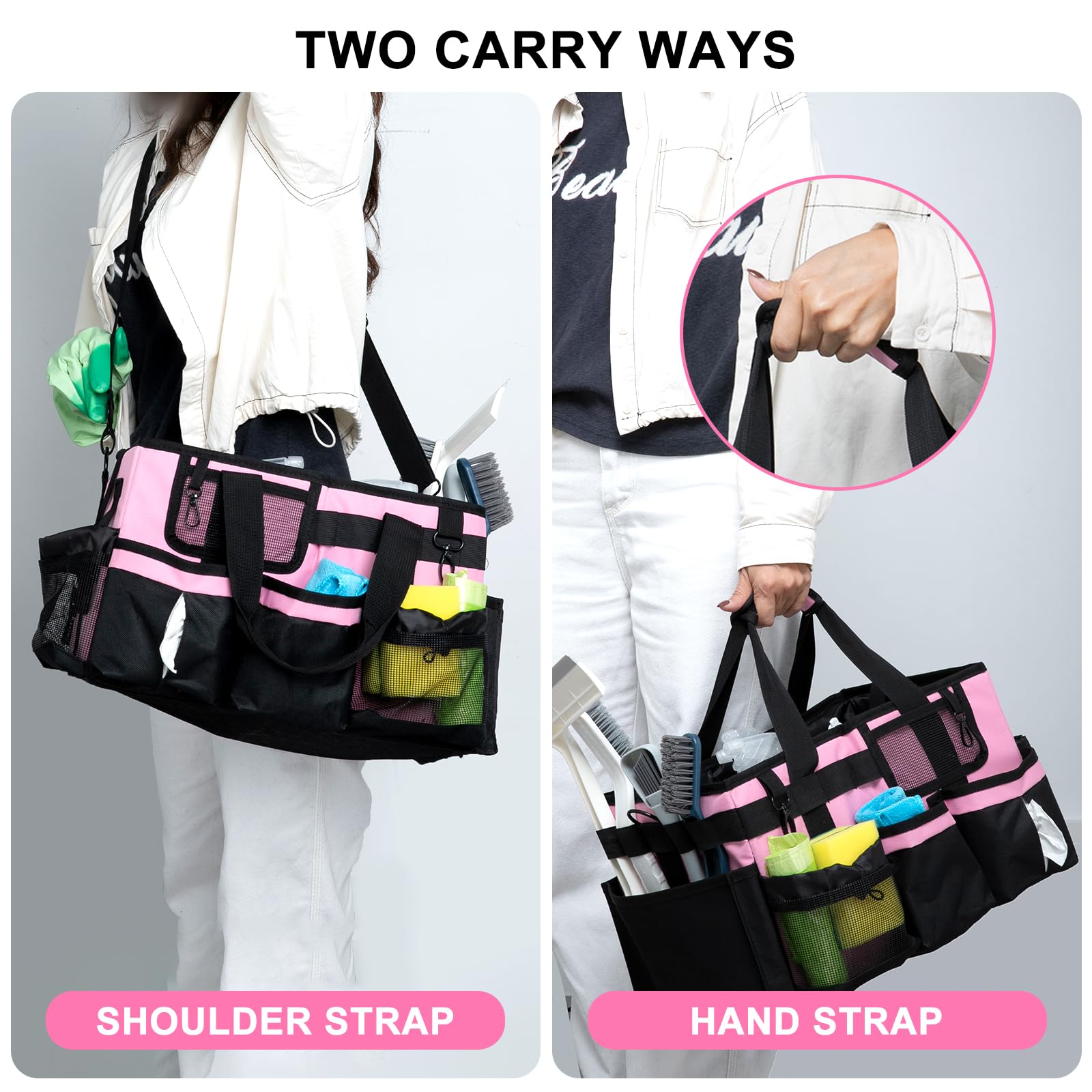 Large Cleaning Caddy Bag With 4 Foldable Dividers Cleaning Organizer with Detachable Divider Cleaning Supplies Organizer with Adjustable Shoulder Strap&Wais for Cleaners & Housekeeper(Black-pink)