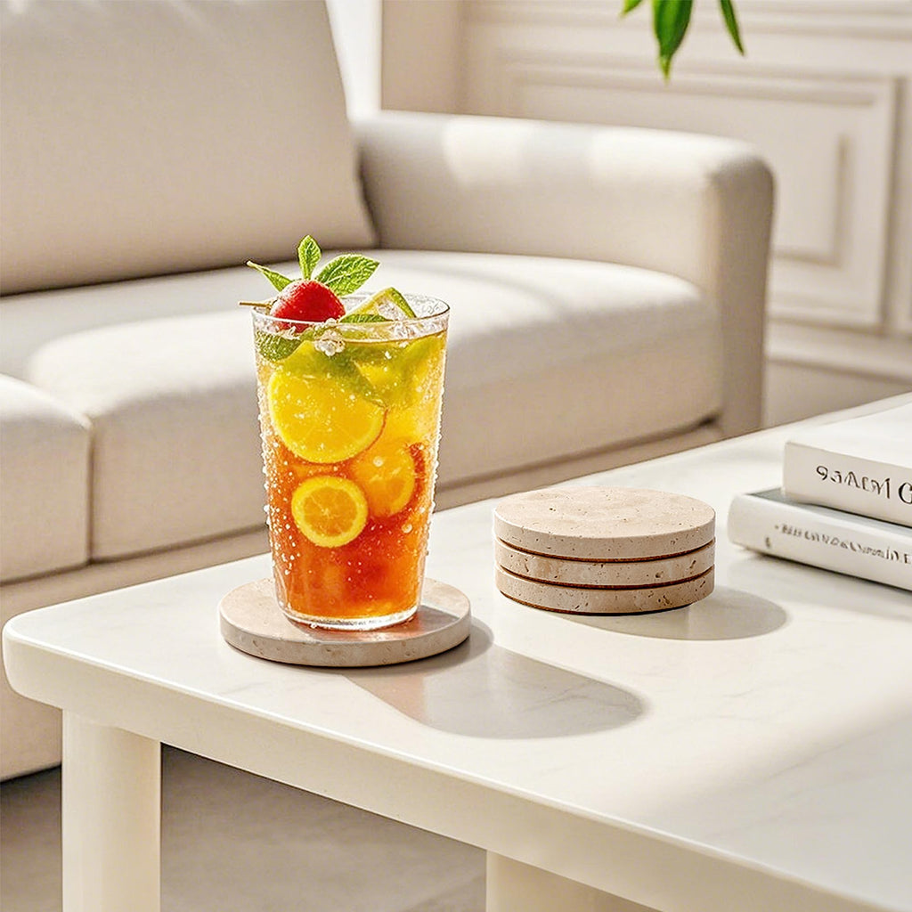 WORHE Marble Coaster for Drinks 4" Diameter Set of 4 Round Travertine Coasters for Home Decor Office Parties Birthday Housewarming Gift, Protect Countertops from Dirty,Sturdy and Tough Beige (BD140)