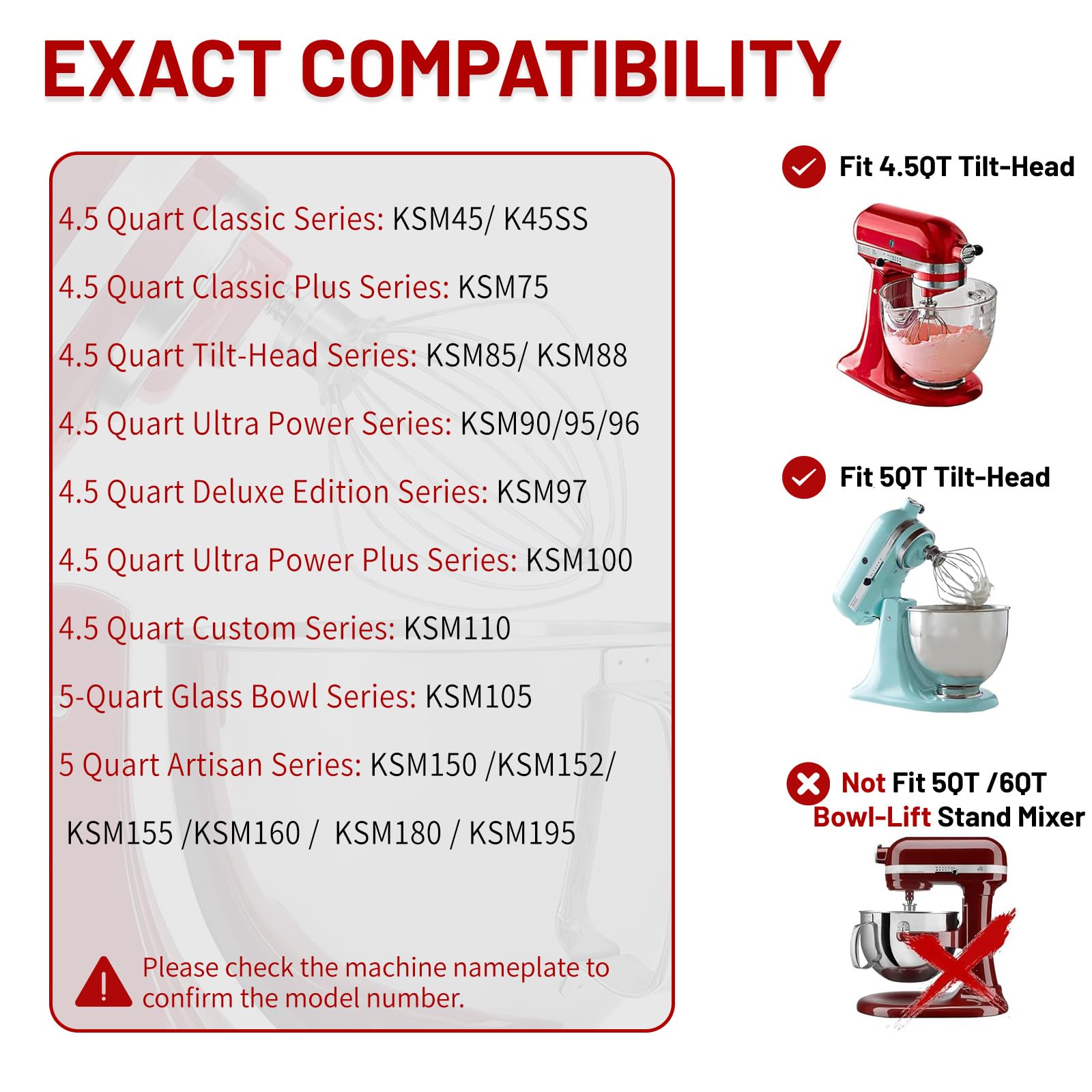 K45WW 6 Wire Whip Attachment for KitchenAid 4.5 5 Quart Tilt-Head Stand Mixer, Dishwasher Safe, Stainless Steel Whisk for Kitchen Aid Mixer Accessory Replacement Parts (Missing packaging image = FAKE)