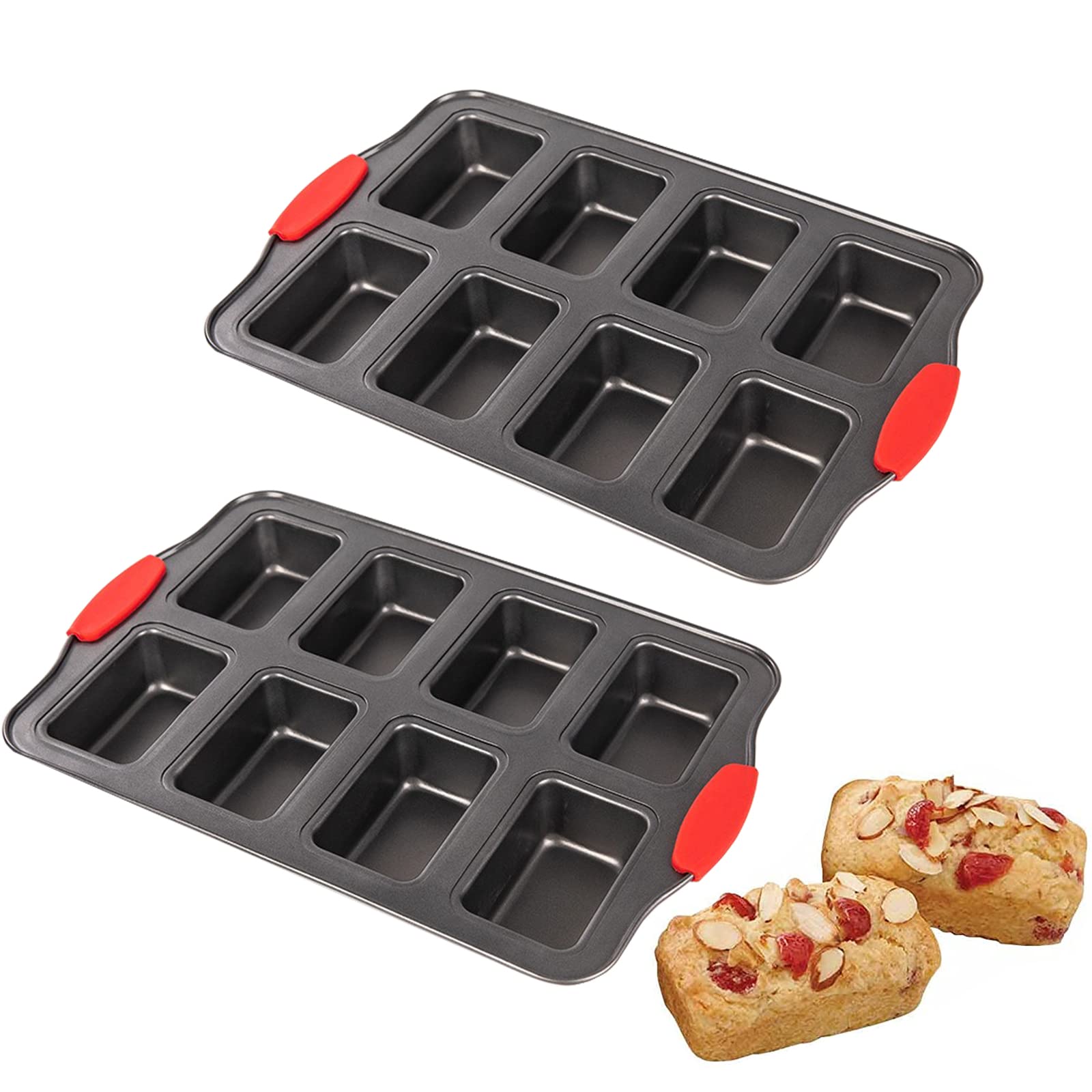 PLAZOTTA 2 Packs 8 Cavity Non-Stock Mini Loaf Pan with Silicone Handle, Mini Bread Loaf Baking Pan Mini Brownie Pan Cheesecake Mould Rectangular Bar