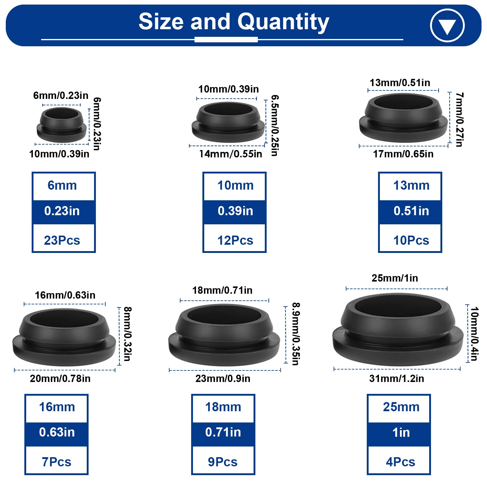 Tnisesm 65PCS 6 Sizes Black Rubber Plugs for Round Holes Silicone Plugs, 1" 3/4" 5/8" 1/2" 3/8" 1/4" Round Hole Plug Snap Locking, Used for Furniture