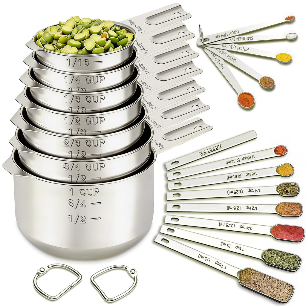Measuring Cups and Spoons Set of 20, 7 Stainless Steel Nesting Measuring Cups, 1 + Leveler and 5 Mini Measuring Spoons, Measuring Spoons and Cups for Cooking and Baking