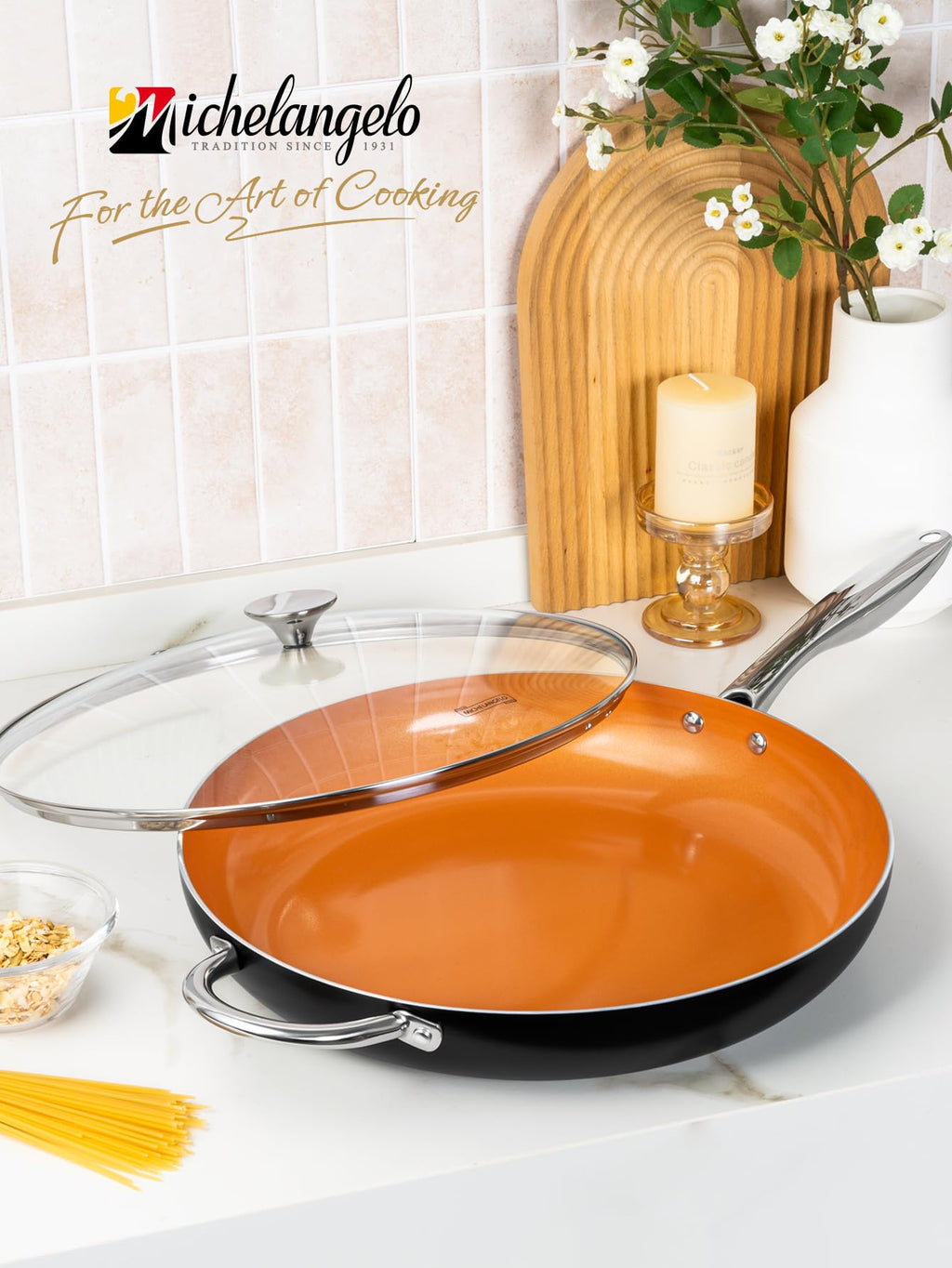 MICHELANGELO 10 Inch Non Stick Frying Pan with Lid, Ceramic Copper Frying Pan, Non-Toxic Skillet with Lid, Induction Compatible, Oven and Dishwasher Safe