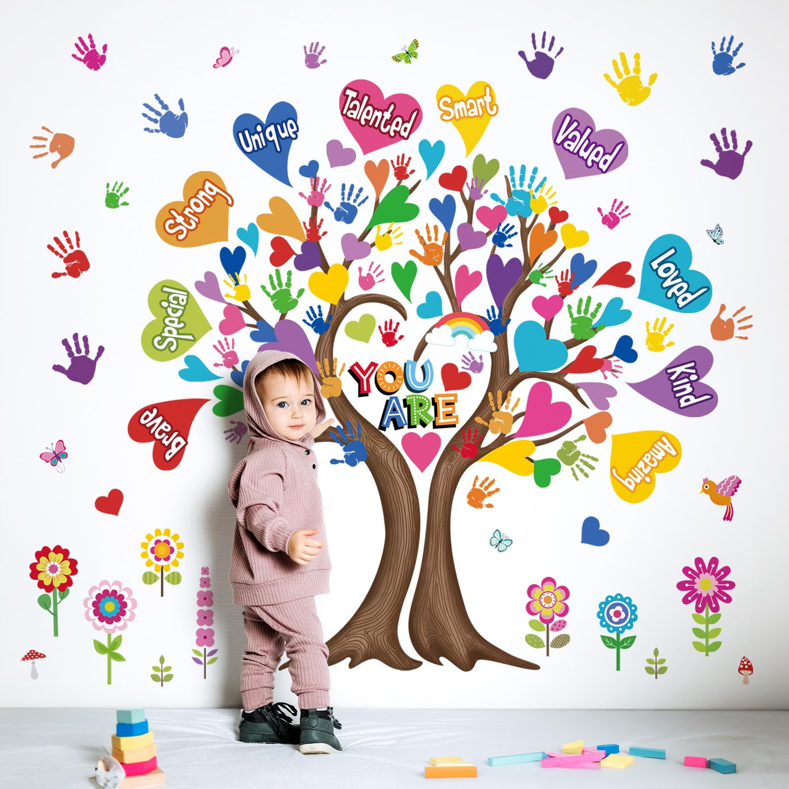 wondever Large Hearts Tree Handprint Wall Stickers Classroom Decor Tree Inspirational Quotes You Are Strong Peel and Stick Wall Art Decals for Kids Room Elementary School Teacher Classroom Daycare