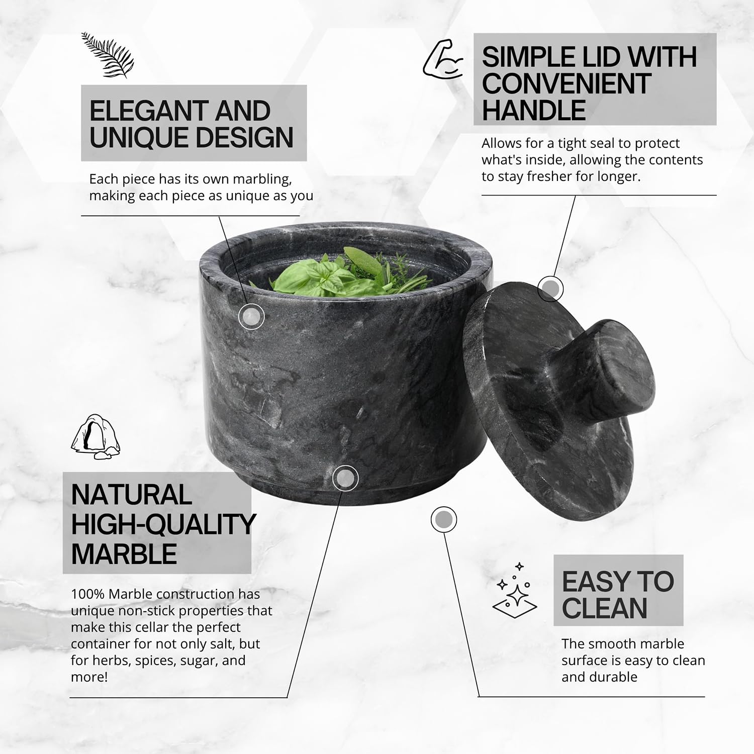 Flexzion Marble Salt Cellar with Lid, Multi-Purpose Marble Container for Salt, Pepper, Paprika and Powdered Herbs, Salt Containers for Countertop, Box for Jewelry, Watches & Accessories (Black)