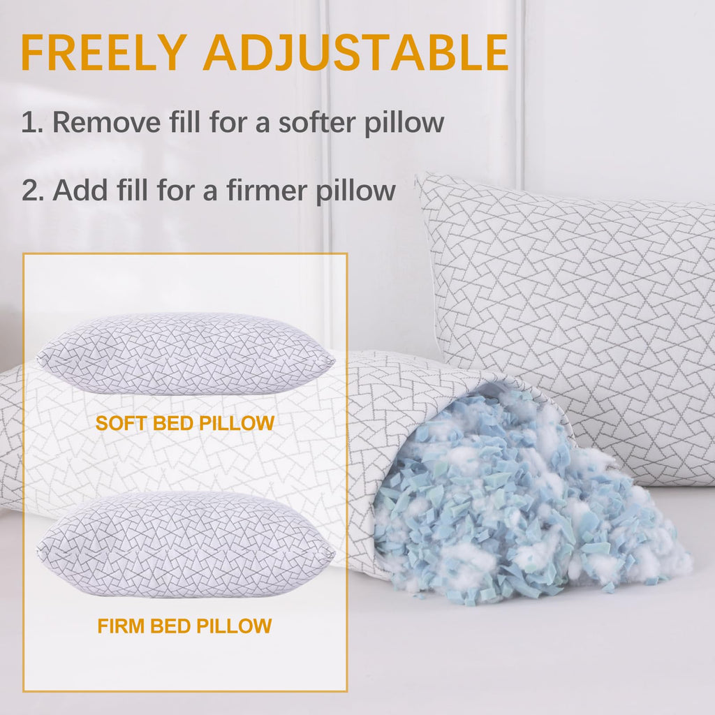 FROHAUL Shredded Memory Foam Bed Pillows Adjustable Hotel Quality Pillows for Side, Back and Stomach Sleeper, Breathable Washable Cover, Oeko-TEX Certified Queen Size Set of 2