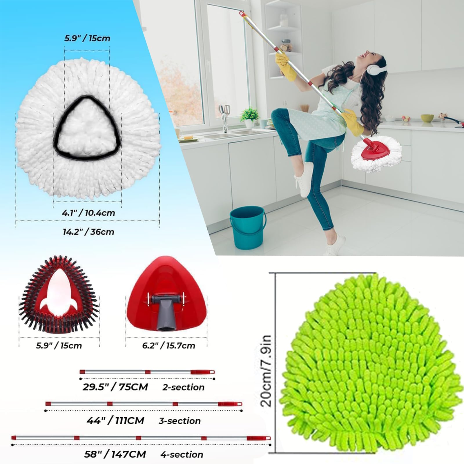 Spin Mop Set Compatible with Vileda EasyWring 1-Tank System,3 Pcs Mop Refills Machine Washable Mops Heads,1 Scrub Brush,1 Base,1 Set Handle Effective on All Floor Types