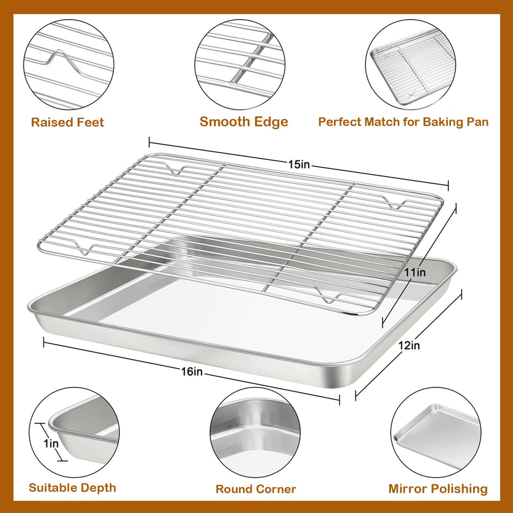 Baking Sheet with Rack Set (1 Sheet + 1 Rack), HaWare Stainless Steel Cookie Sheet for Oven Baking, 16”x12” Baking Pan Tray with Cooling Rack, Non Toxic & Heavy Duty, Dishwasher Safe