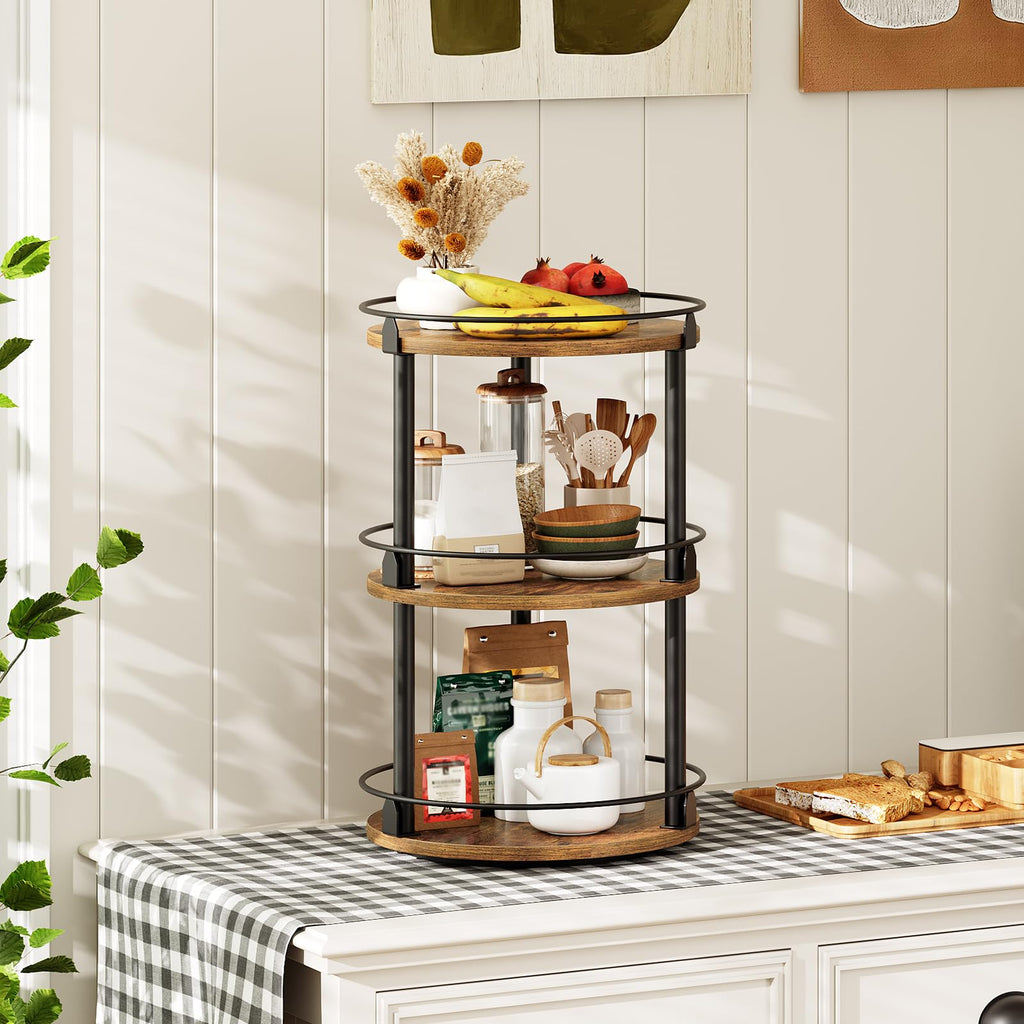 YATINEY Spice Rack, Rotating Spice Organizer for Cupboard, 3 Tier Lazy Susan Turntable, Industrial Countertop Organizer, for Kitchen and Cabinet, Compact and Versatile, Rustic Brown and Black SR23BR