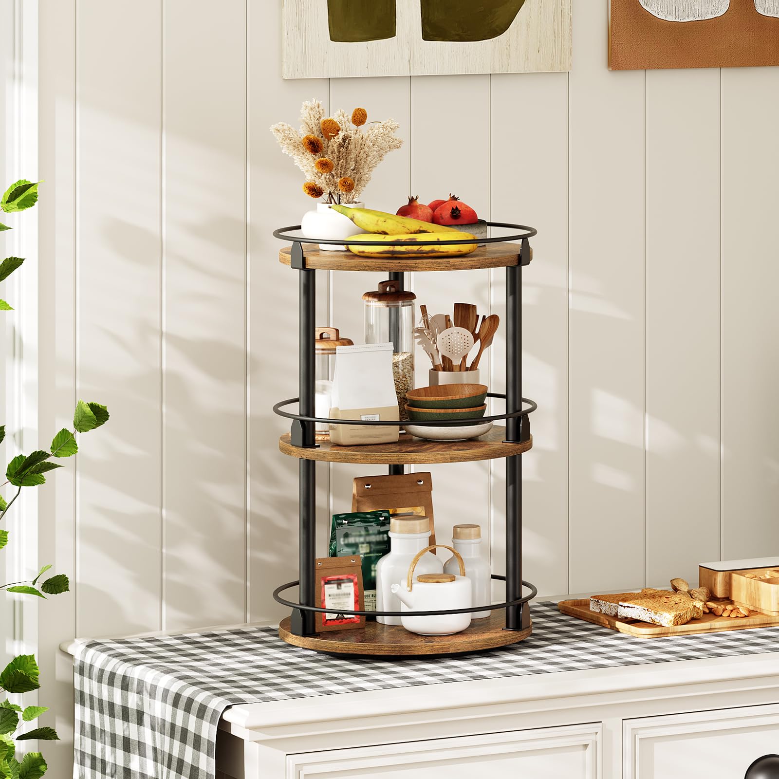 YATINEY Spice Rack, Rotating Spice Organizer for Cupboard, 3 Tier Lazy Susan Turntable, Industrial Countertop Organizer, for Kitchen and Cabinet, Compact and Versatile, Rustic Brown and Black SR23BR