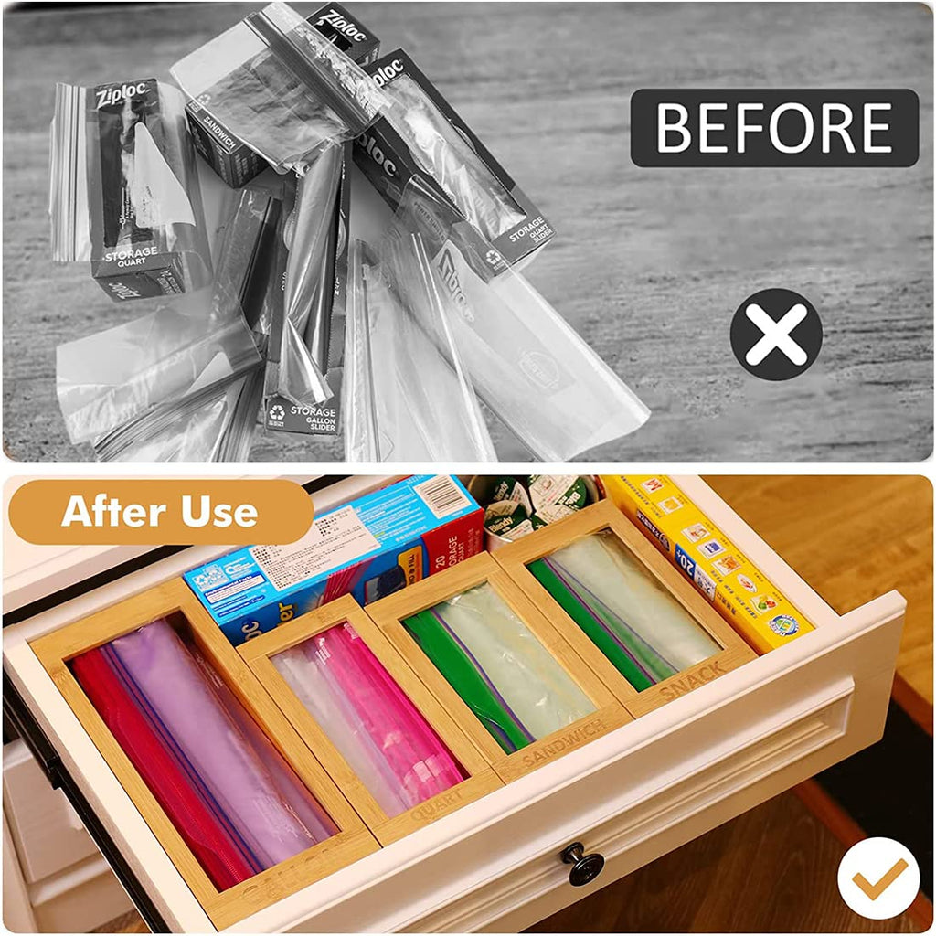 KLDFJ Zip-Lock Bag Storage Organizer, Kitchen Bamboo Zip-Lock Bag Organizer for Drawer Food Storage Bag Organizer, Compatible with Gallon, Quart, Sandwich and Snack B ZJM-01