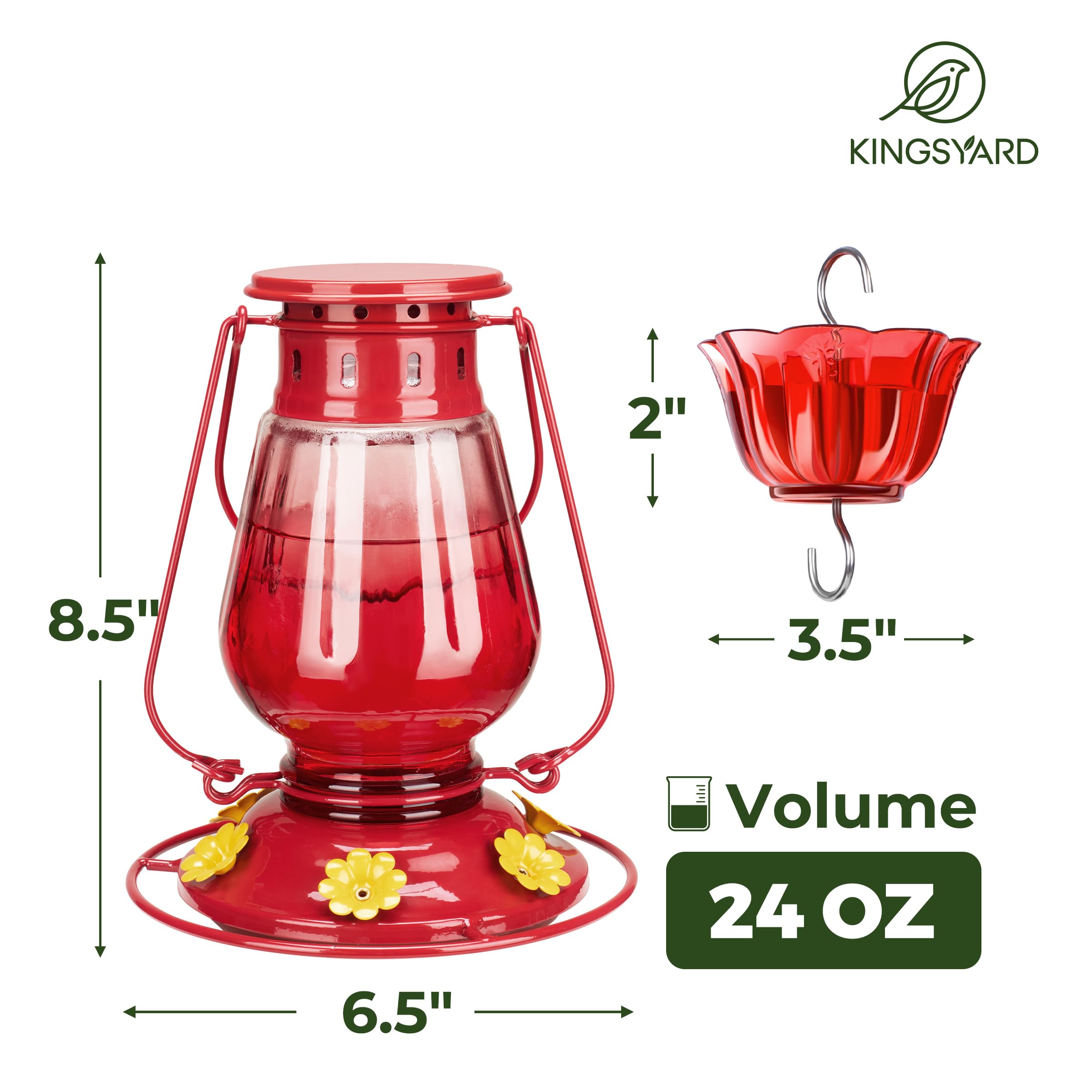 Kingsyard Glass Hummingbird Feeder for Outdoors Hanging - Vintage Lantern Style Leak-Proof Humming Bird Nectar Feeder with 6 Feeding Ports & Ant Moat for Outdoor Garden Decor, 24 Ounce, Red