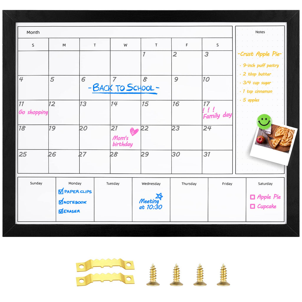 Aitakatta 3-in-1 Dry Erase Calendar for Wall, Magnetic Monthly & Weekly Calendar Whiteboard, Dry Erase Board for Wall with Black Wood Frame, Hanging White Board Calendar for Decor/Memo(YL+ZL-BK,4333)