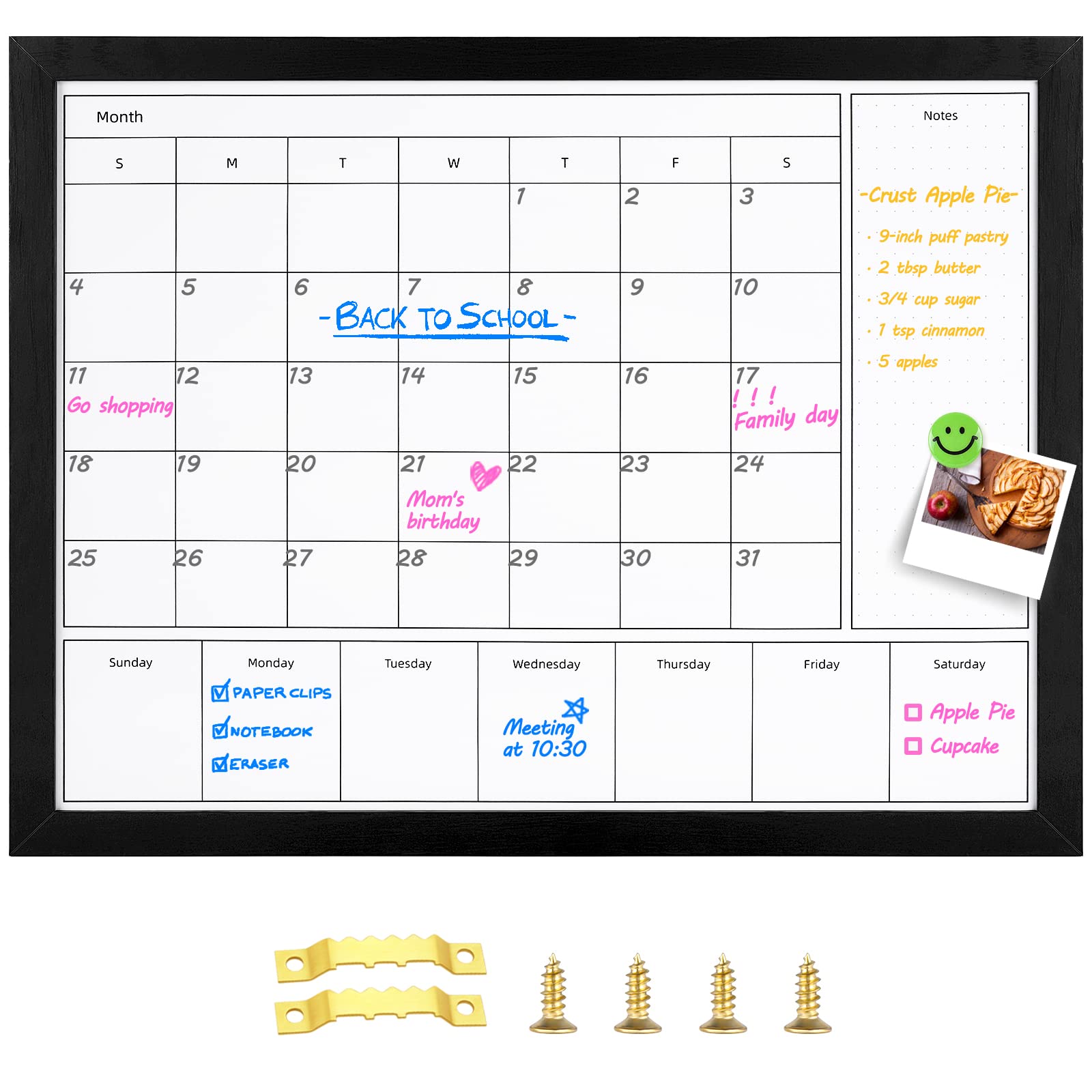 Aitakatta 3-in-1 Dry Erase Calendar for Wall, Magnetic Monthly & Weekly Calendar Whiteboard, Dry Erase Board for Wall with Black Wood Frame, Hanging White Board Calendar for Decor/Memo(YL+ZL-BK,4333)