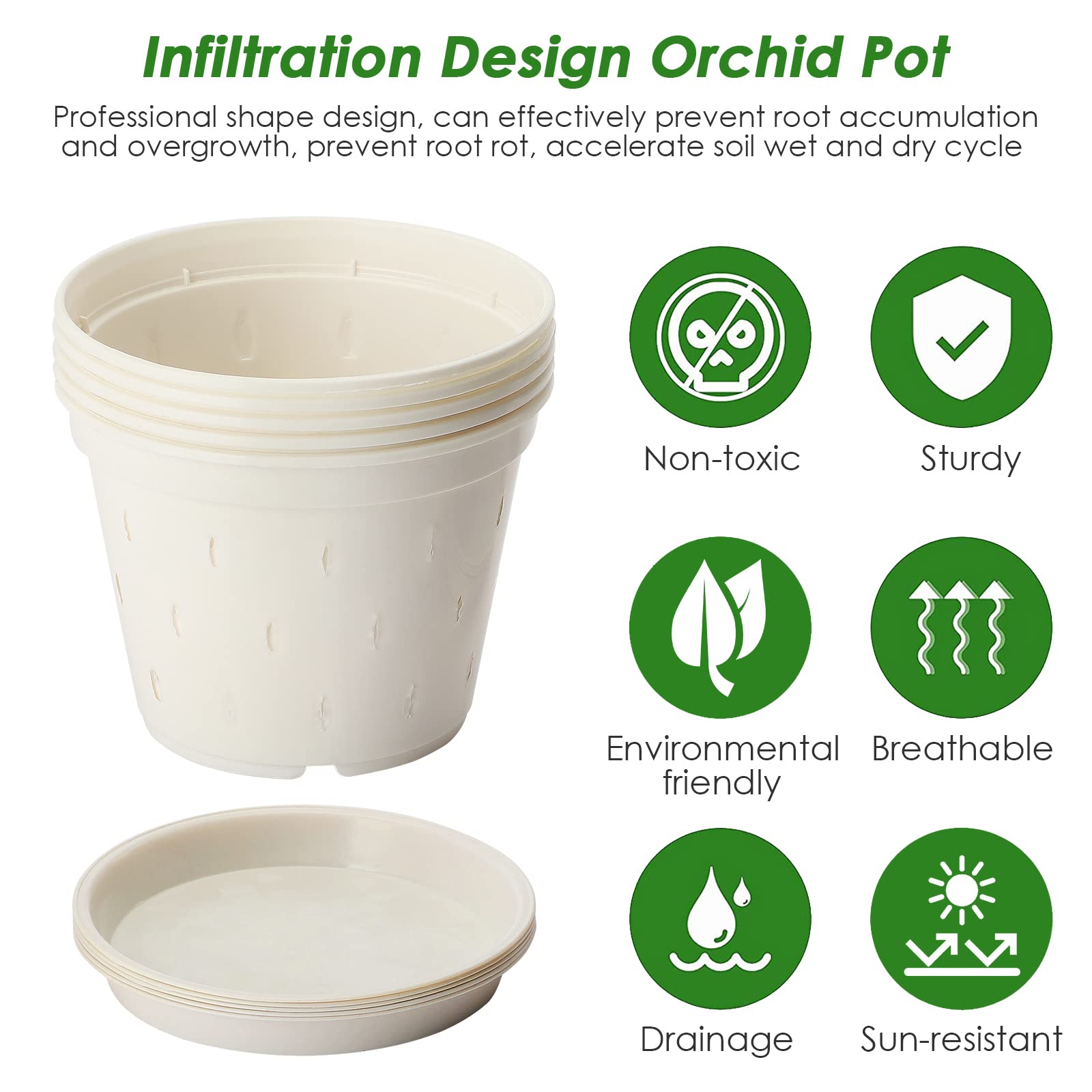 BFYDOAA 5 Pack Orchid Pot, 5.6 Inch Orchid Pots with Holes and Saucers, Clear Plastic Orchid Pots for Indoor and Outdoor Use, Plastic Flower Plant Pot for Plant and Repotting(White)