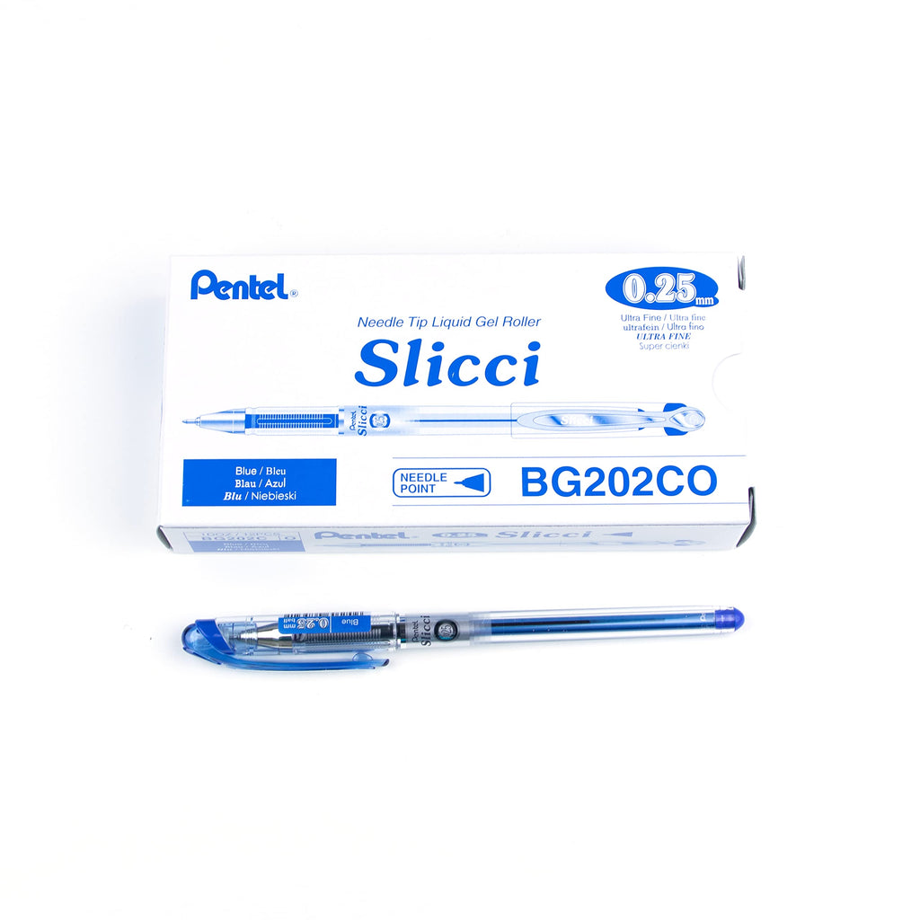 Pentel Arts Slicci Liquid Gel Rollerball Pens, Art, Sketching, Journaling, 0.25mm Extra Fine Point, Blue Ink, BG202C, Box of 12