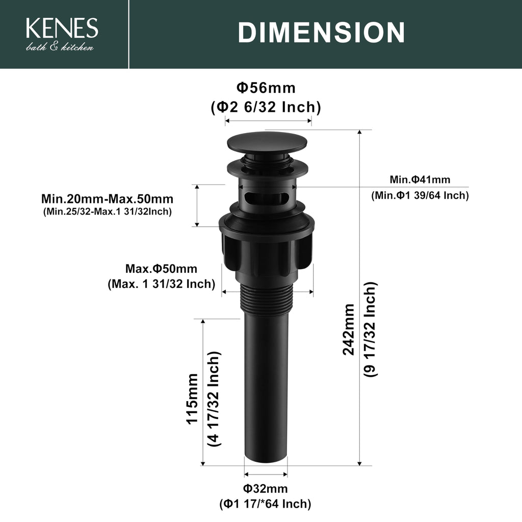 KENES Pop Up Bathroom Sink Drain with Overflow, Matte Black Pop Up Drain Stopper Anti Clog Pop Up Drain Stopper Lavatory Vanity Vessel Sink Drain