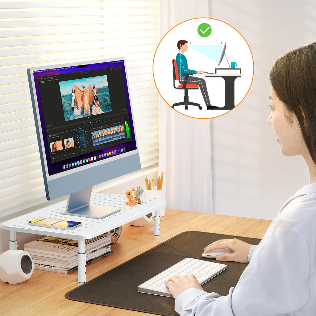 Bracwiser Monitor Stand Riser, Metal Computer Stand, 3 Height Adjustable Screen Riser with Mesh Platform for PS4, Laptop, Printer, Notebook and All Flat Screen, Holds Up to 20KG,White