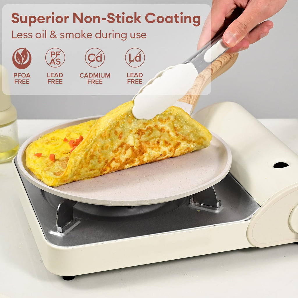 JEETEE 9.5 Inch Crepe Pan Nonstick, Comales para Tortillas Griddle Pan for Stove Top, Granite Coating Flat Pancake Pan Dosa Tawa, PFOA Free and Induction Compatible (Beige)