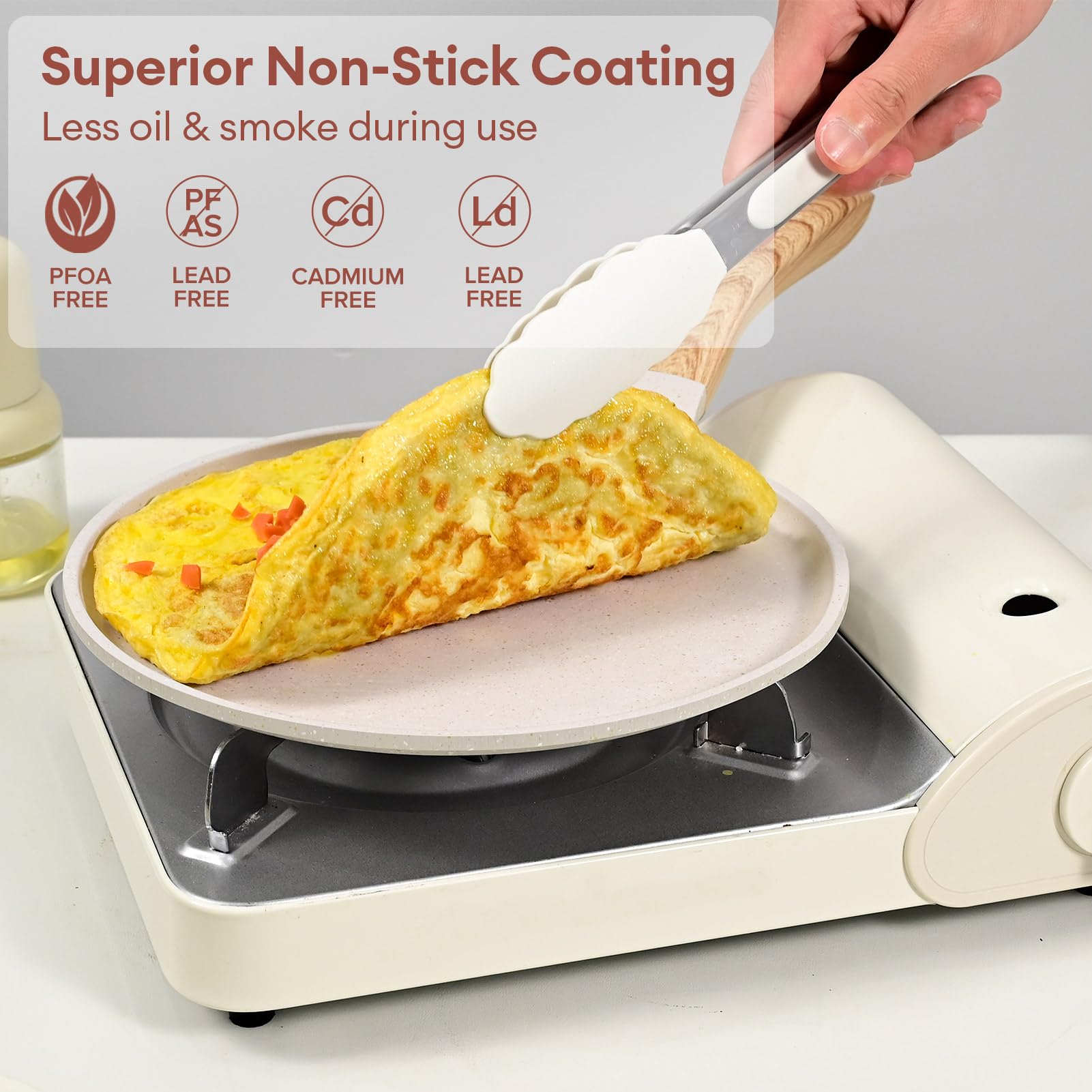 JEETEE 9.5 Inch Crepe Pan Nonstick, Comales para Tortillas Griddle Pan for Stove Top, Granite Coating Flat Pancake Pan Dosa Tawa, PFOA Free and Induction Compatible (Beige)
