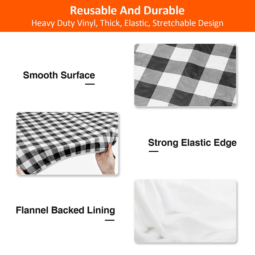 KENOBEE 6ft Picnic Table and Bench Cover, Camping Essentials RV Gear, 72in Waterproof Windproof Outdoor Elastic All Around Tablecloth, Fitted Rectangle Tables and Seats, Black-White Checkered