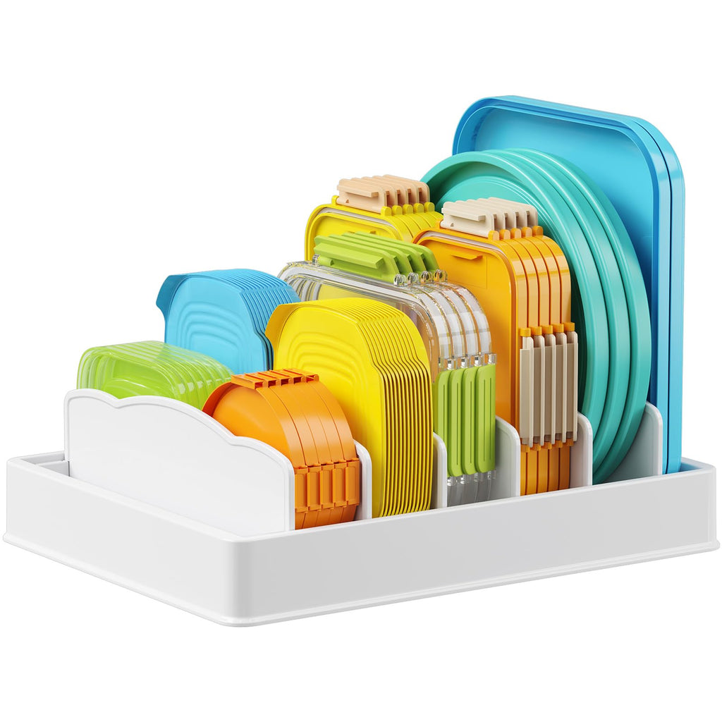 Lifewit Plastic Lid Organizers for Inside Cabinet, Food Storage Container Lids Holder with 5 Inserts & 6 Adjustable Sections, Plates, Bowls Storage for Deep Drawer in Kitchen, 13" x 10"